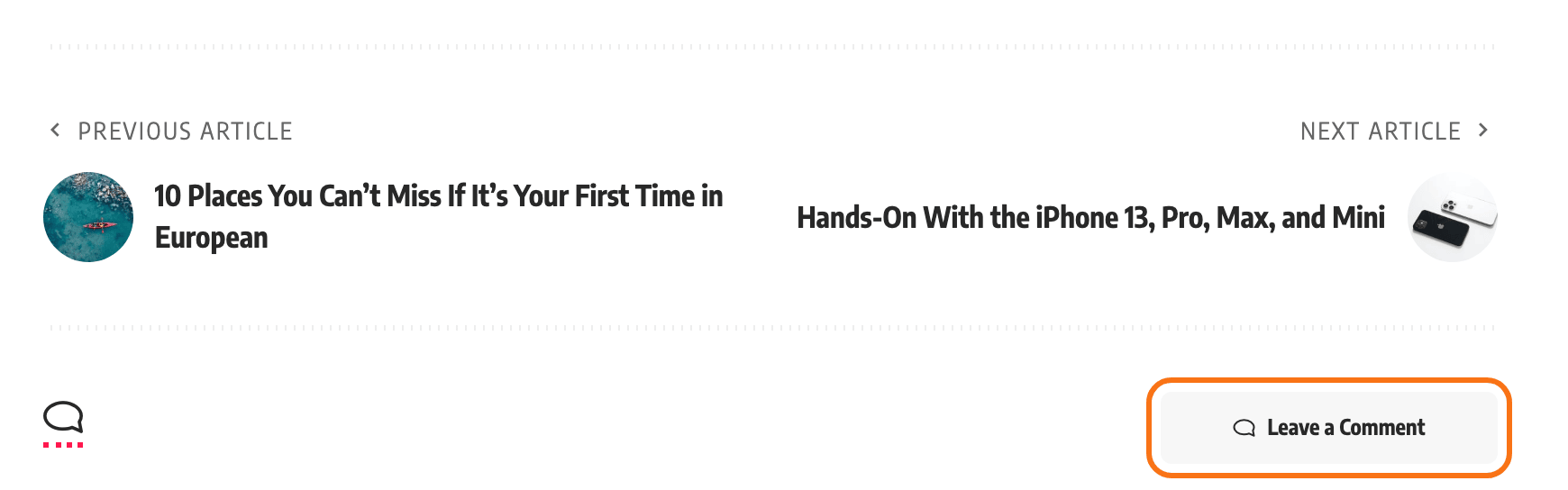 The end of a post on the Default demo with the comment form hidden behind a Leave a Comment button, outlined in orange