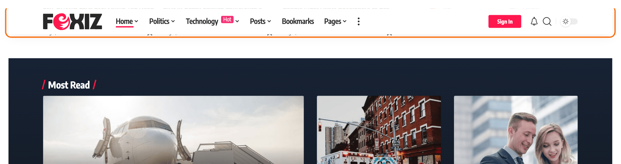 The Foxiz Default demo scrolled down, its main menu bar (outlined in orange) stuck to the top of the window over the page.
