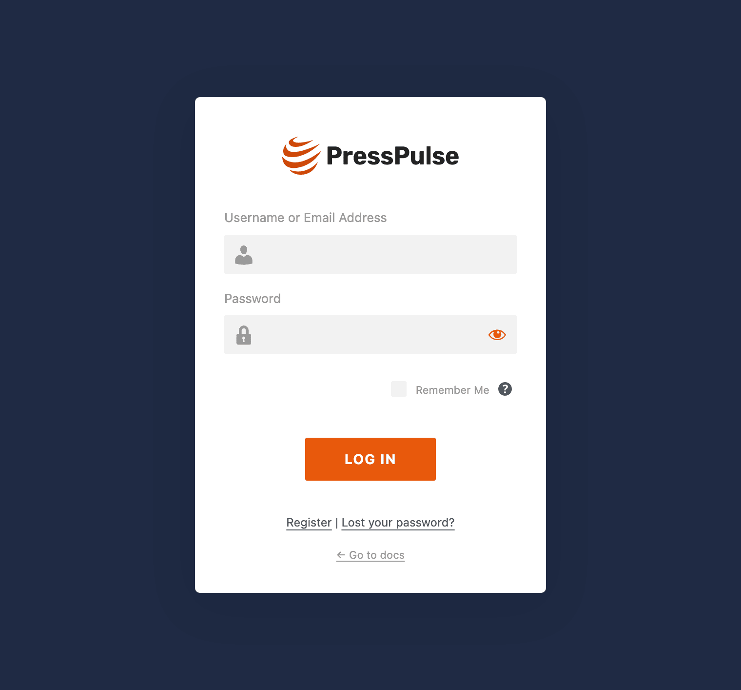 The WordPress login screen, wp-login.php, with Custom Login Screen on: the PressPulse logo in place of the WordPress logo, the form in a white card on the left over a dark blue background colour, and the Log In button and the show password icon in orange