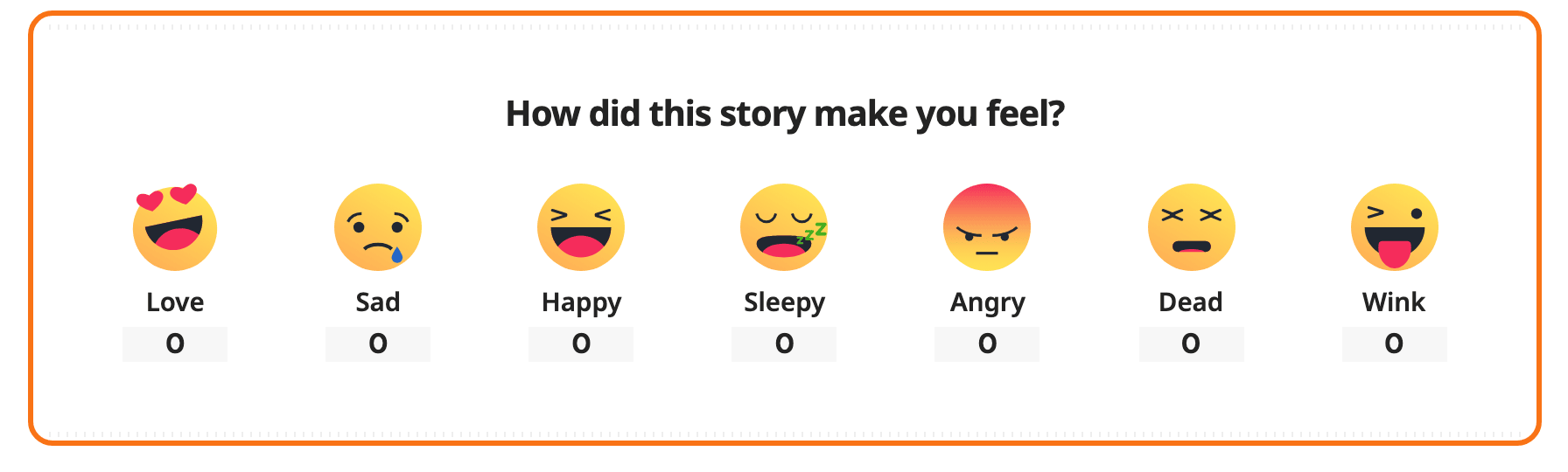 The reaction row at the end of a single post, outlined in orange: the heading above seven faces, Love to Wink, each with its name and a count