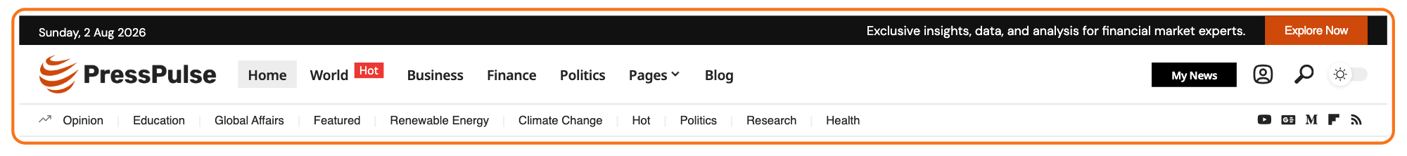 A header built as a Ruby Template on the PressPulse demo, outlined in orange: the date row above, then the logo, the main menu and the sign in, search and dark mode blocks.