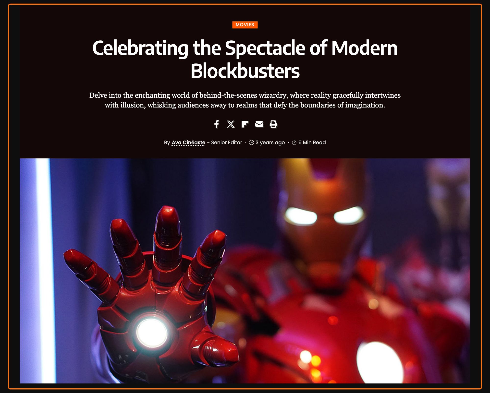 The top of a post on the Spotlight demo laid out by a single template, outlined in orange: entry category, title, tagline, meta bar and featured image.