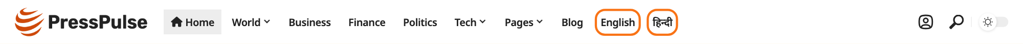 The site header with the language switcher in the main menu, English and हिन्दी, outlined in orange