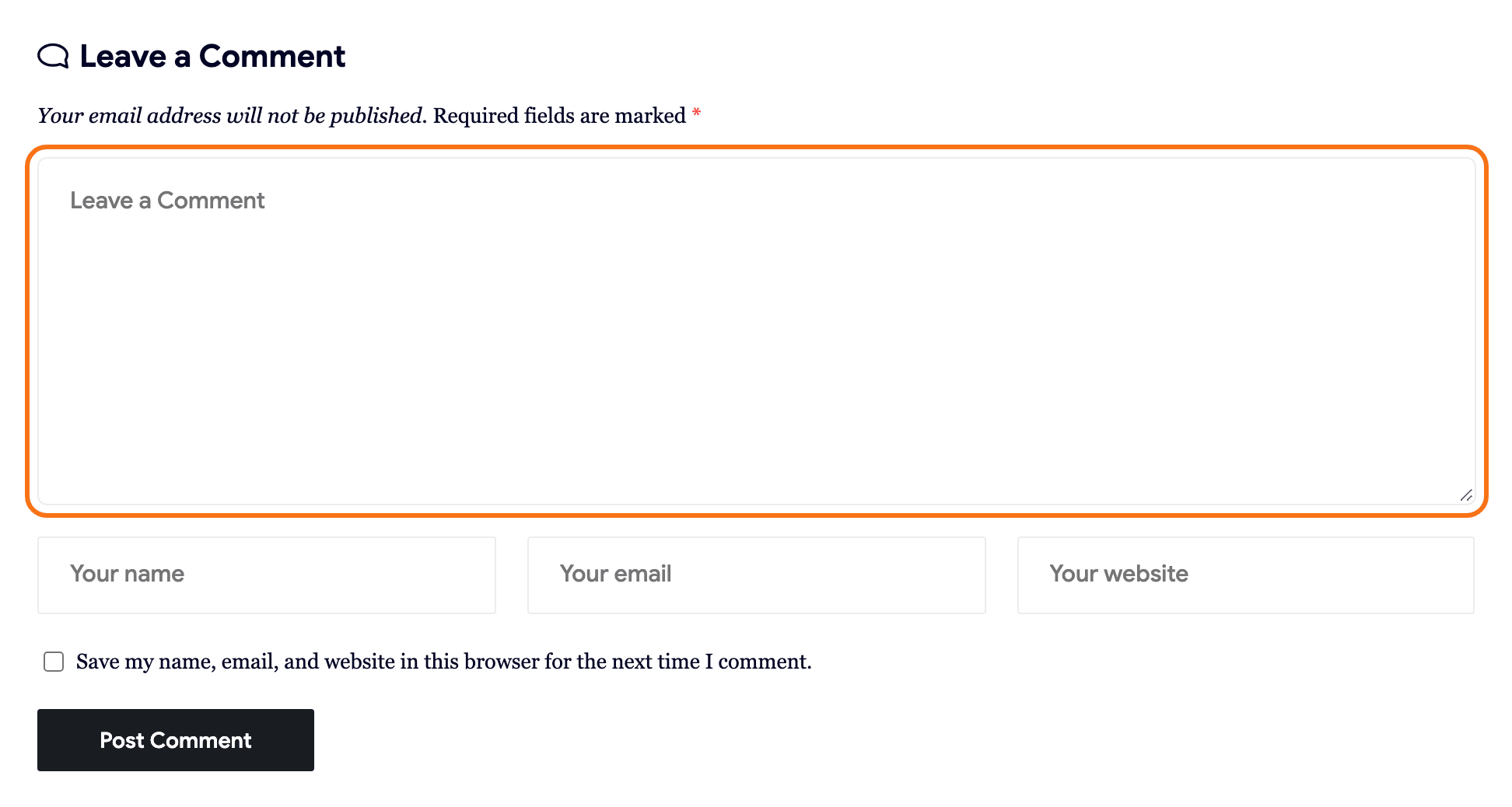 The Leave a Comment form on a Signal demo post, its fields drawn in the Gray Border input style, a thin grey outline on a clear field, with the comment box outlined in orange