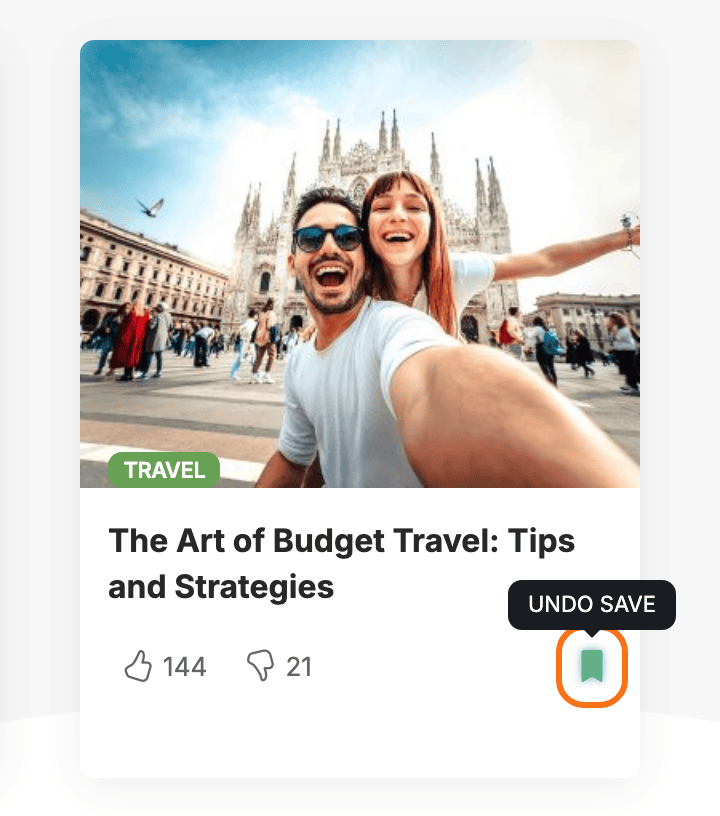 A post card on the Just for You demo with the pointer on its filled bookmark icon, outlined in orange, and the Undo Save tooltip above it