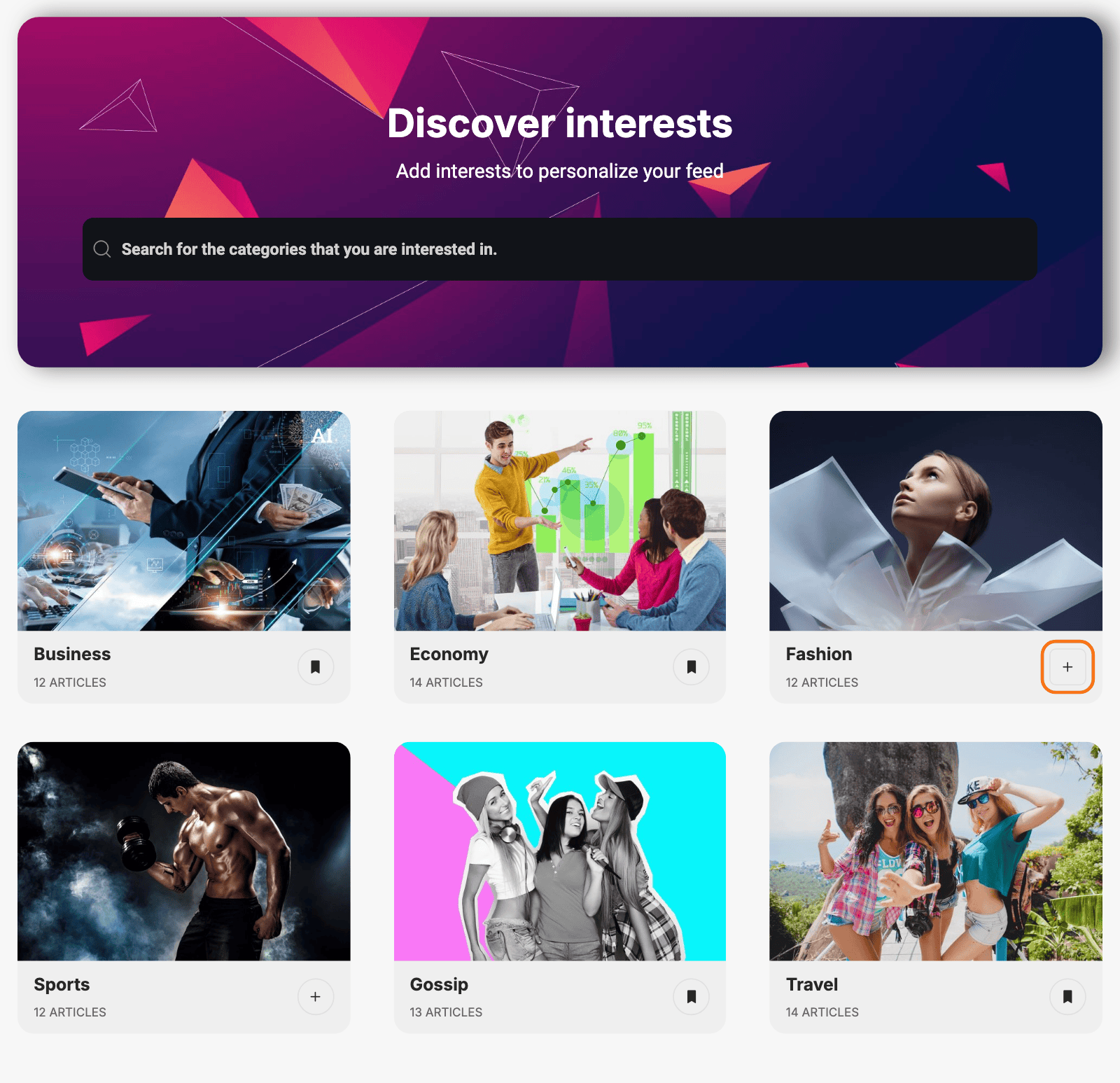 The Discover interests section of the Just for You demo's My Interests page: a category search box above six category cards; followed categories show a filled bookmark, the others a plus button, and the plus on Fashion is outlined in orange