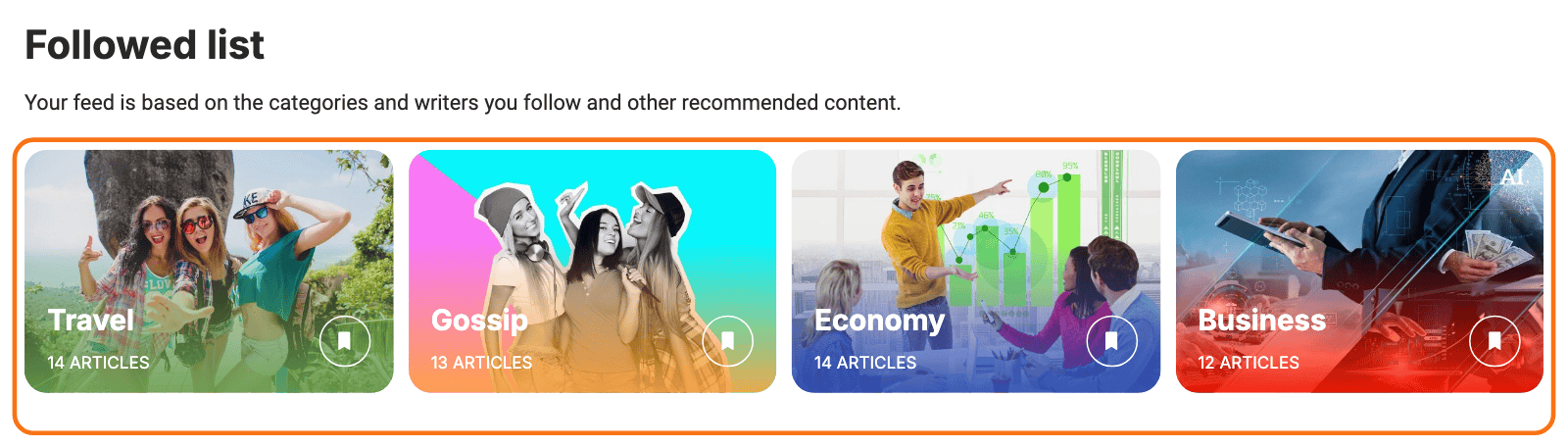 The Followed list section of the Just for You demo, outlined in orange: Travel, Gossip, Economy and Business, the four categories the visitor follows, each with a filled bookmark that unfollows it