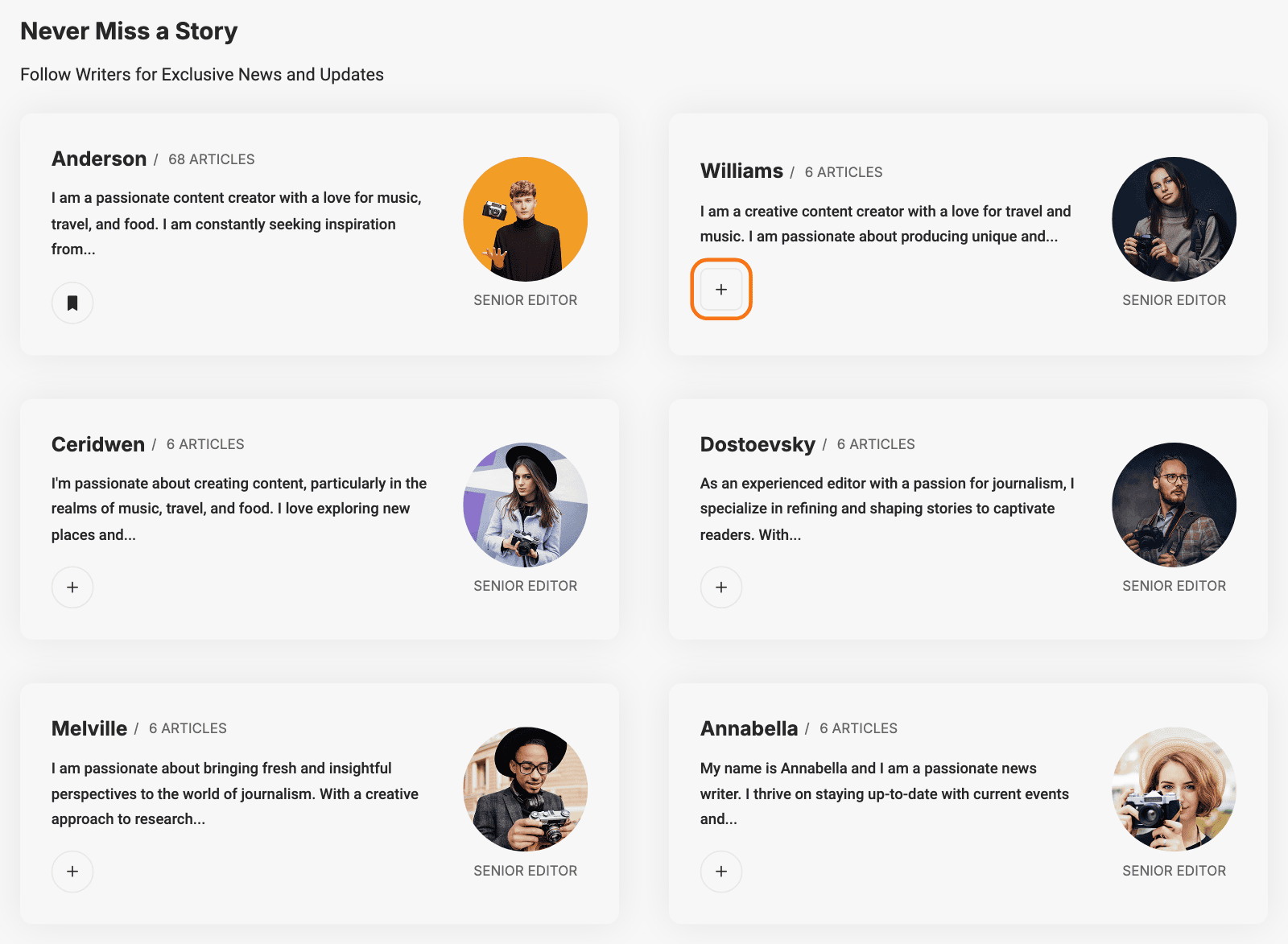 The Never Miss a Story section of the Just for You demo: six writer cards with name, article count, short bio and avatar; the plus follow button on Williams is outlined in orange