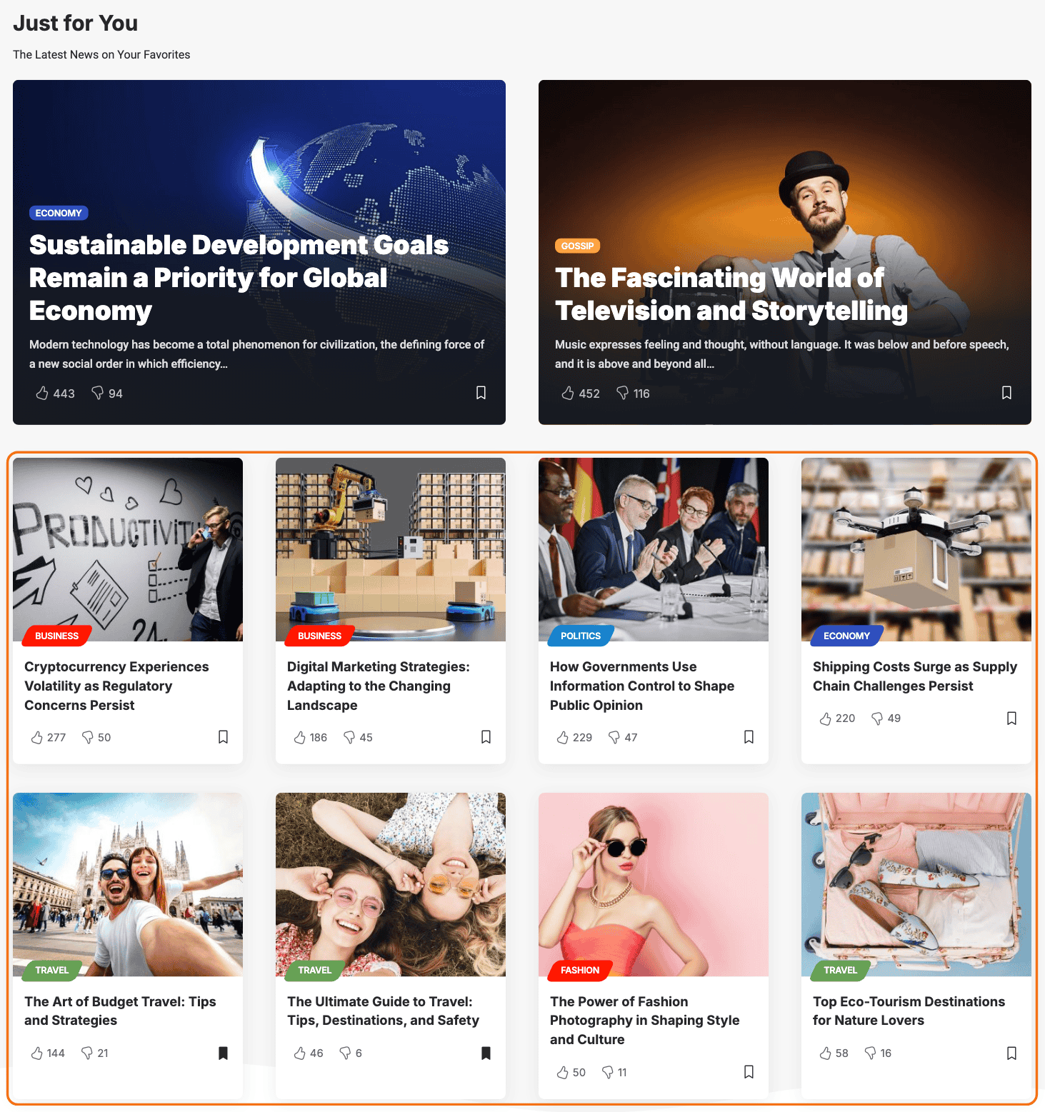 The My Feed page of the Just for You demo: a Just for You heading over two large overlay posts and a grid of eight recommended posts outlined in orange, each with its bookmark icon