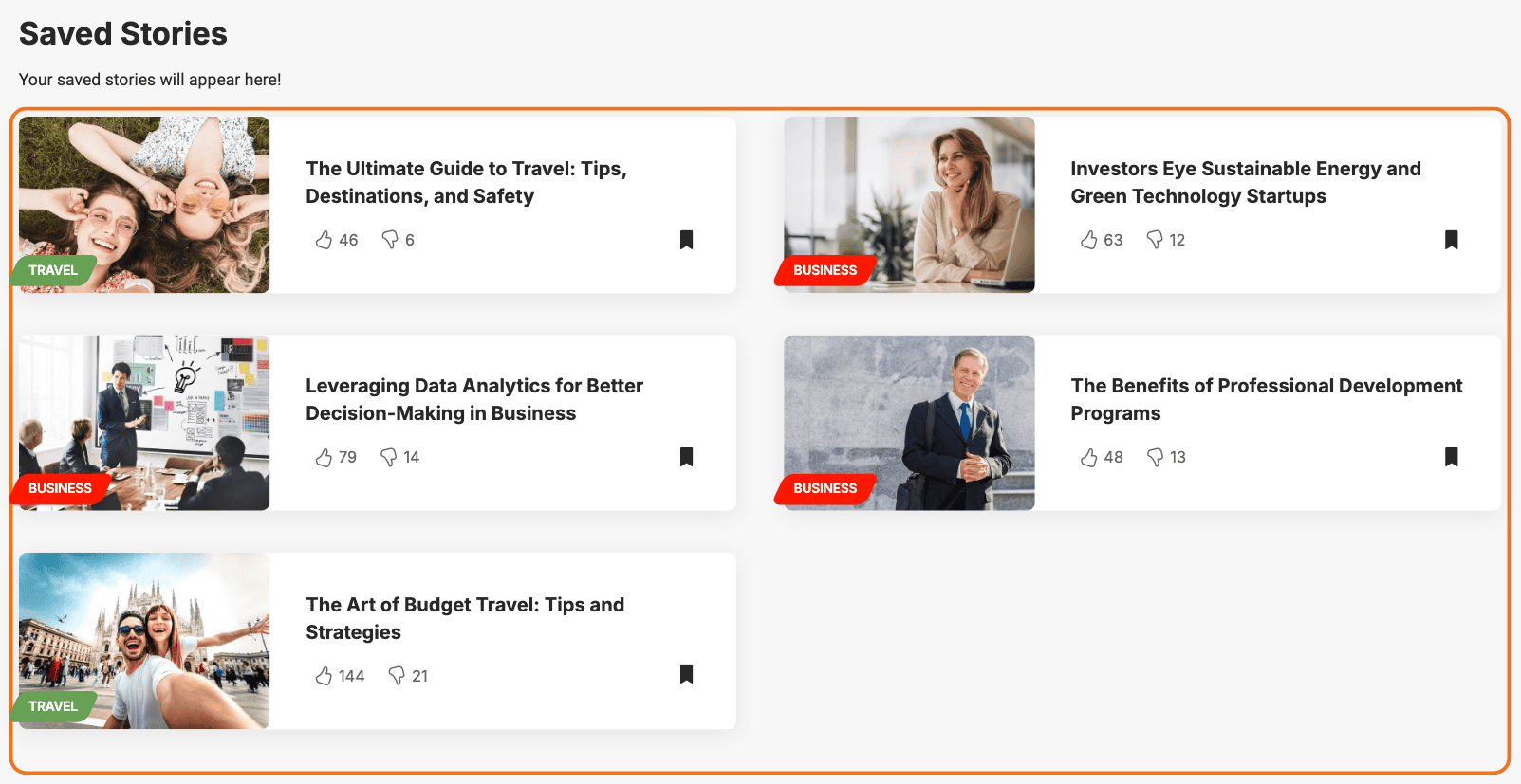 The My Saves page of the Just for You demo: a Saved Stories heading over a two column list of five saved posts, outlined in orange, each with its thumbnail, category, title and bookmark icon