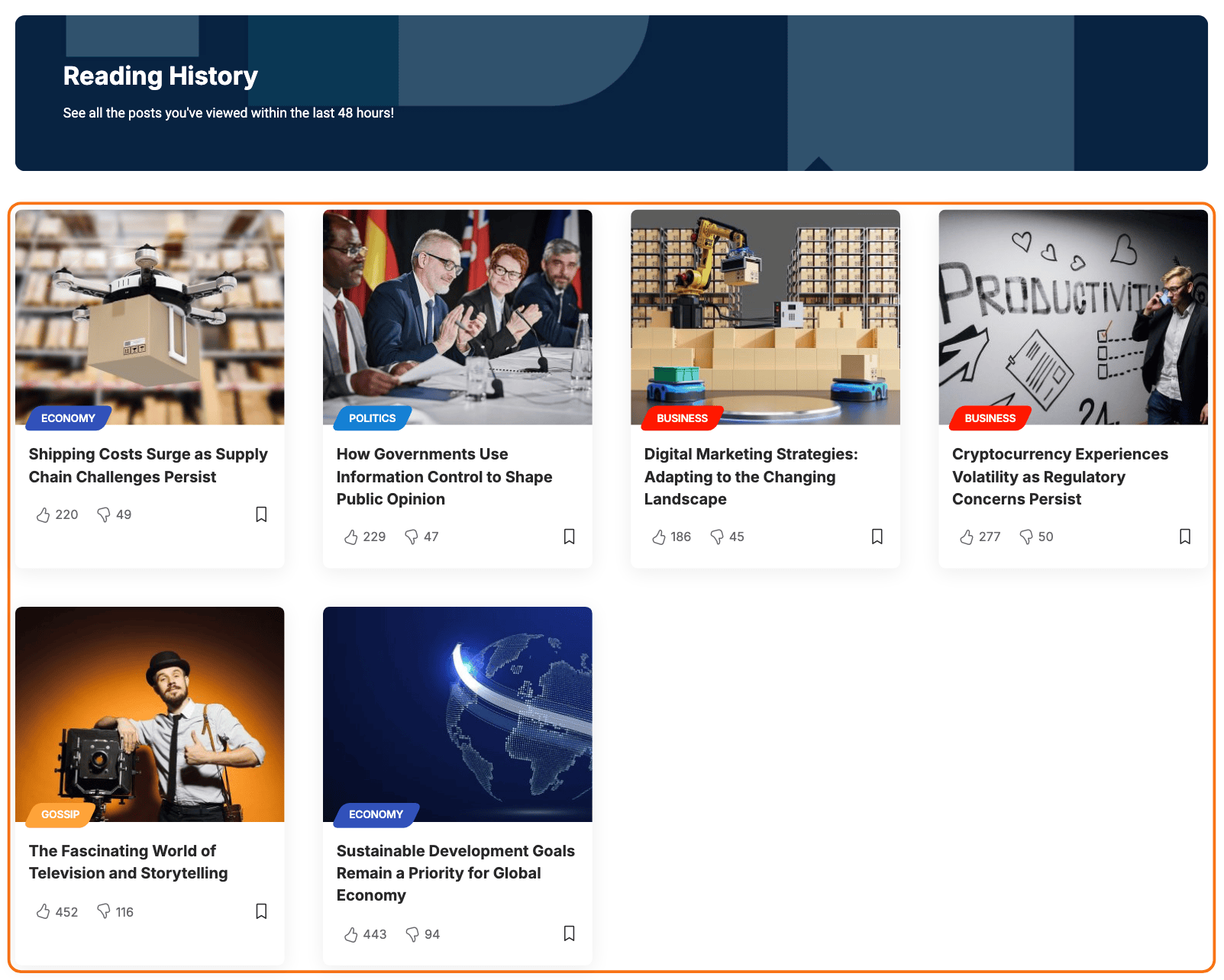 The Reading History page of the Just for You demo: a Reading History banner over a grid of six recently read posts, outlined in orange