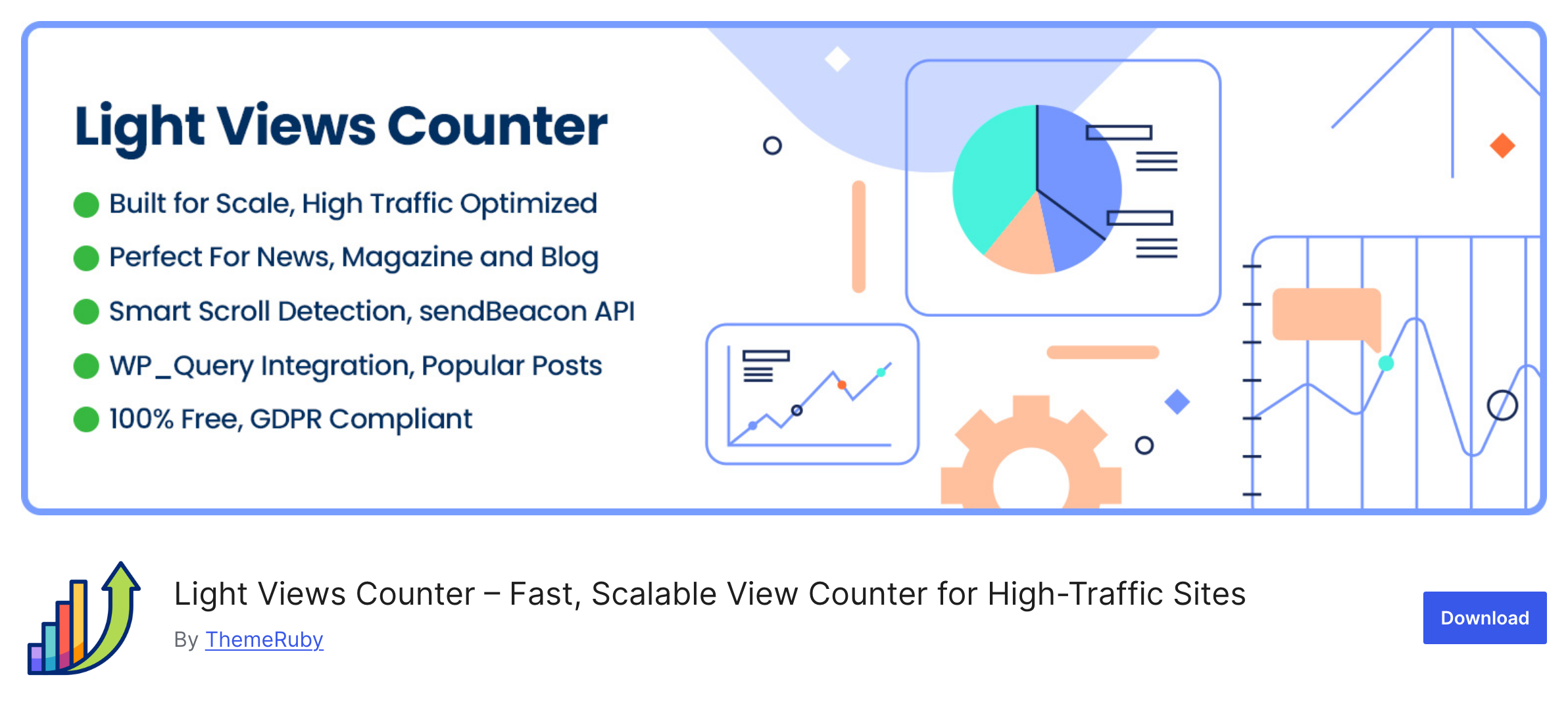 The Light Views Counter page on wordpress.org: the plugin banner, the title Light Views Counter, By ThemeRuby, and the Download button