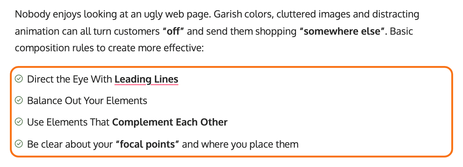 A list in a post on the Default demo, outlined in orange, each item beginning with a green circled tick instead of a bullet