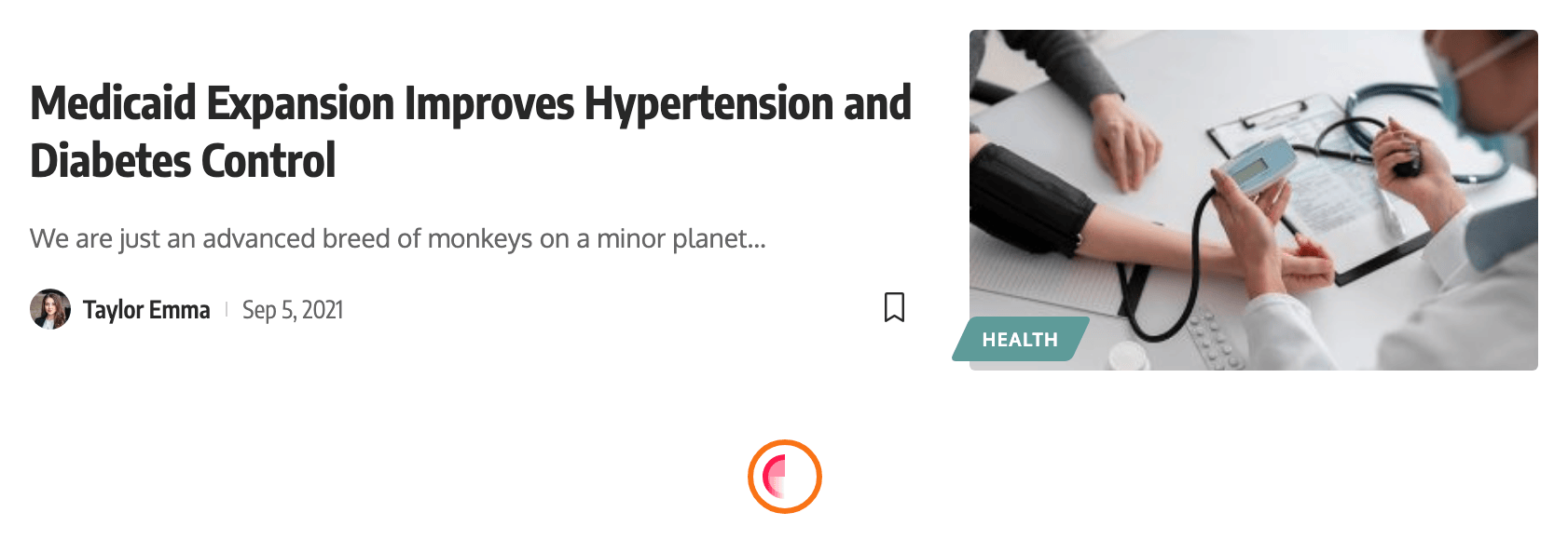 Under the last post of a Default demo listing, the Show More button mid-load: its label is hidden and the - Default - spinner shows in its place, outlined in orange
