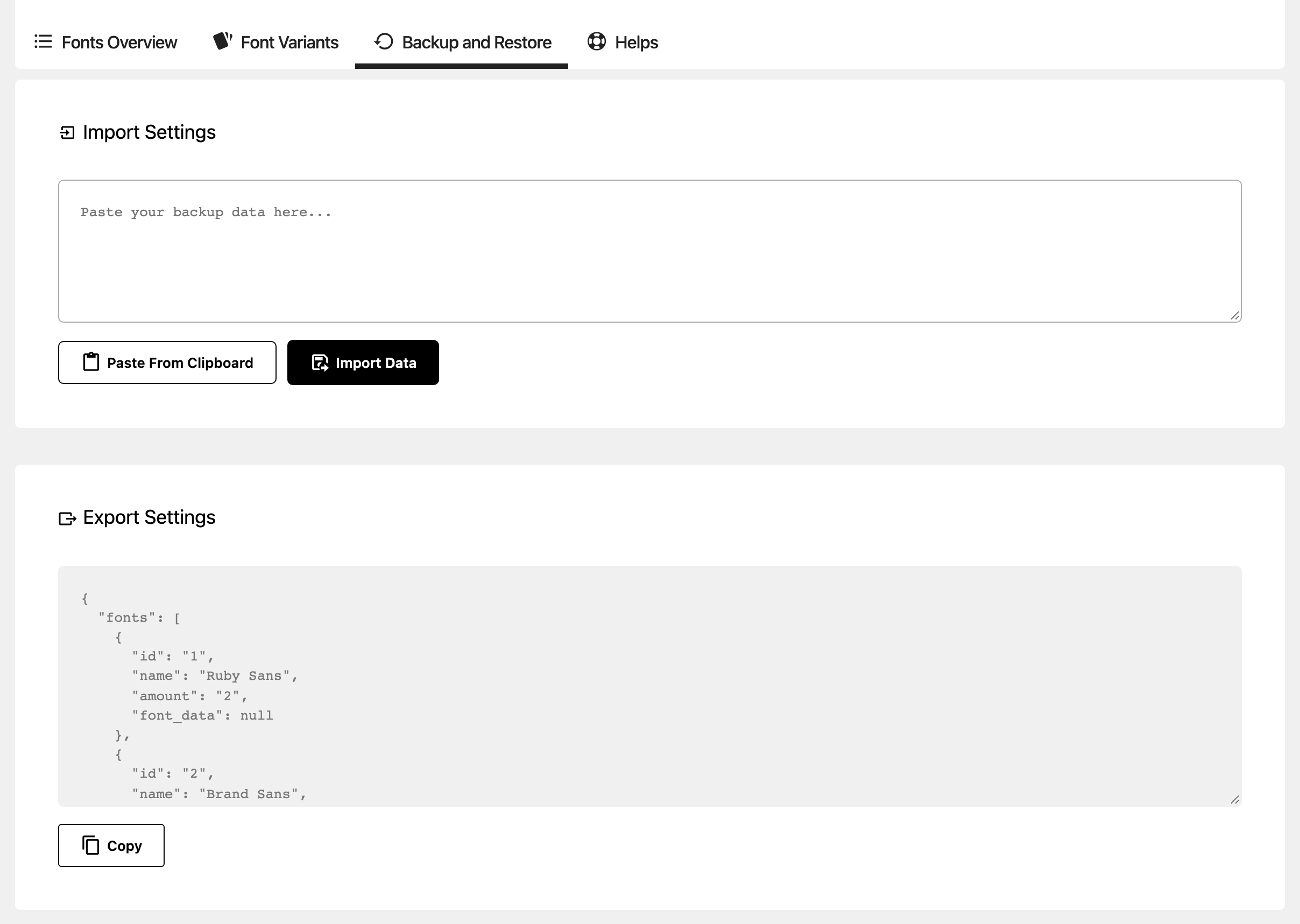The Backup and Restore tab: Import Settings with its text box, Paste From Clipboard and Import Data, and Export Settings with the backup text and Copy