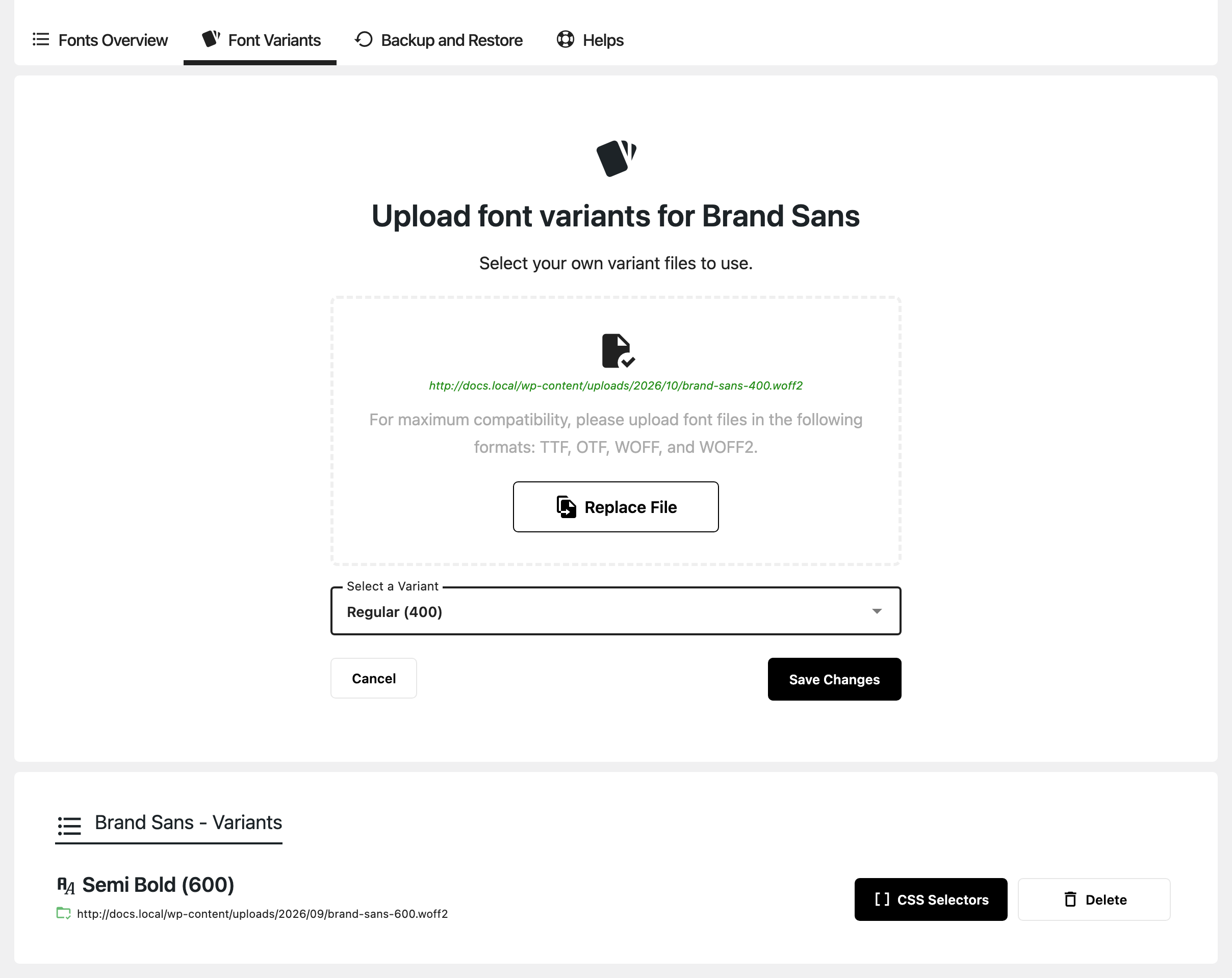 The Font Variants tab for Brand Sans: an uploaded font file with Select a Variant on 400 and the Save Changes button.