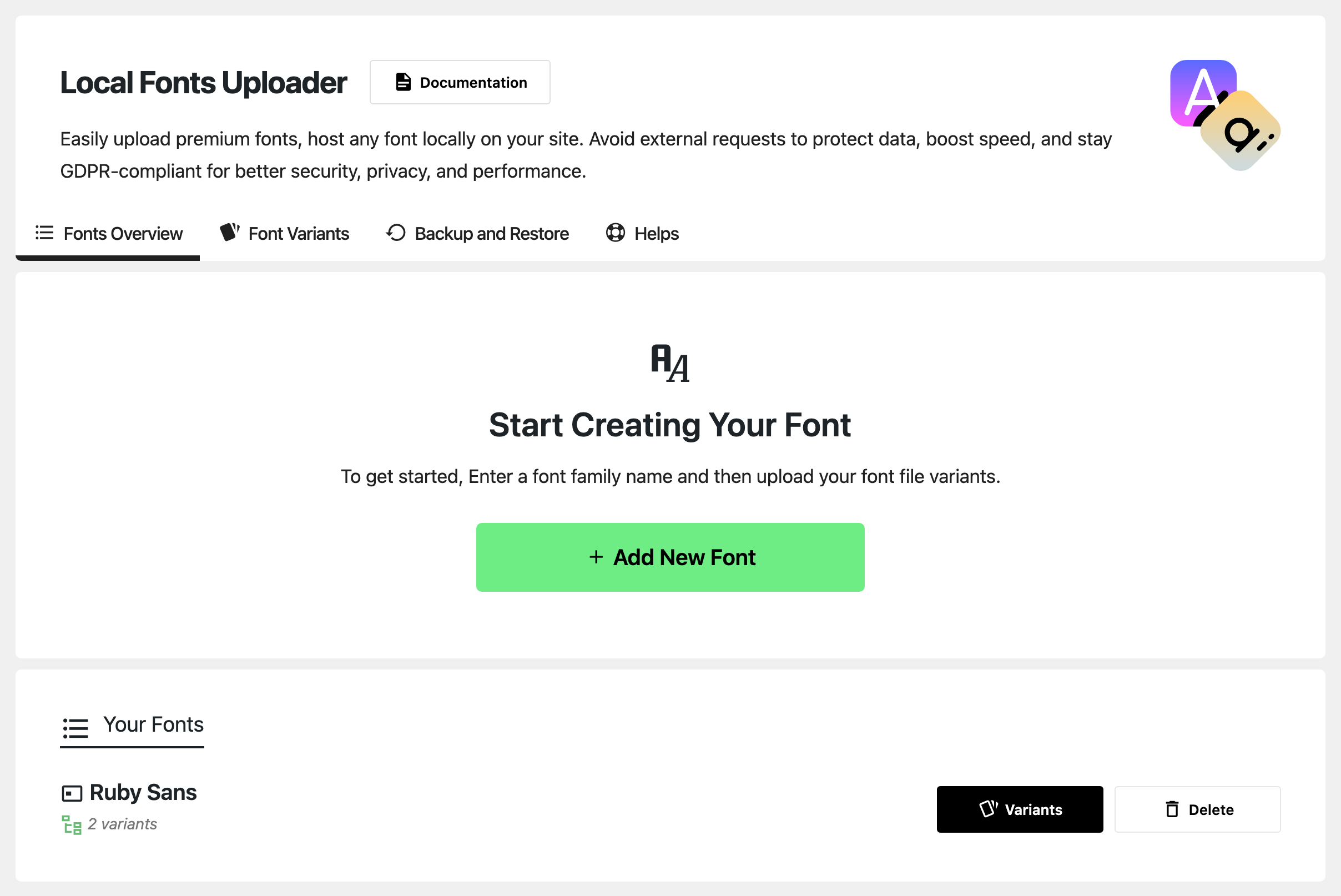 Foxiz > Local Fonts Uploader on the Fonts Overview tab: the plugin title with its Documentation button, the four tabs, the Start Creating Your Font card with Add New Font, and the Your Fonts list with one font, its variant count, and its Variants and Delete buttons