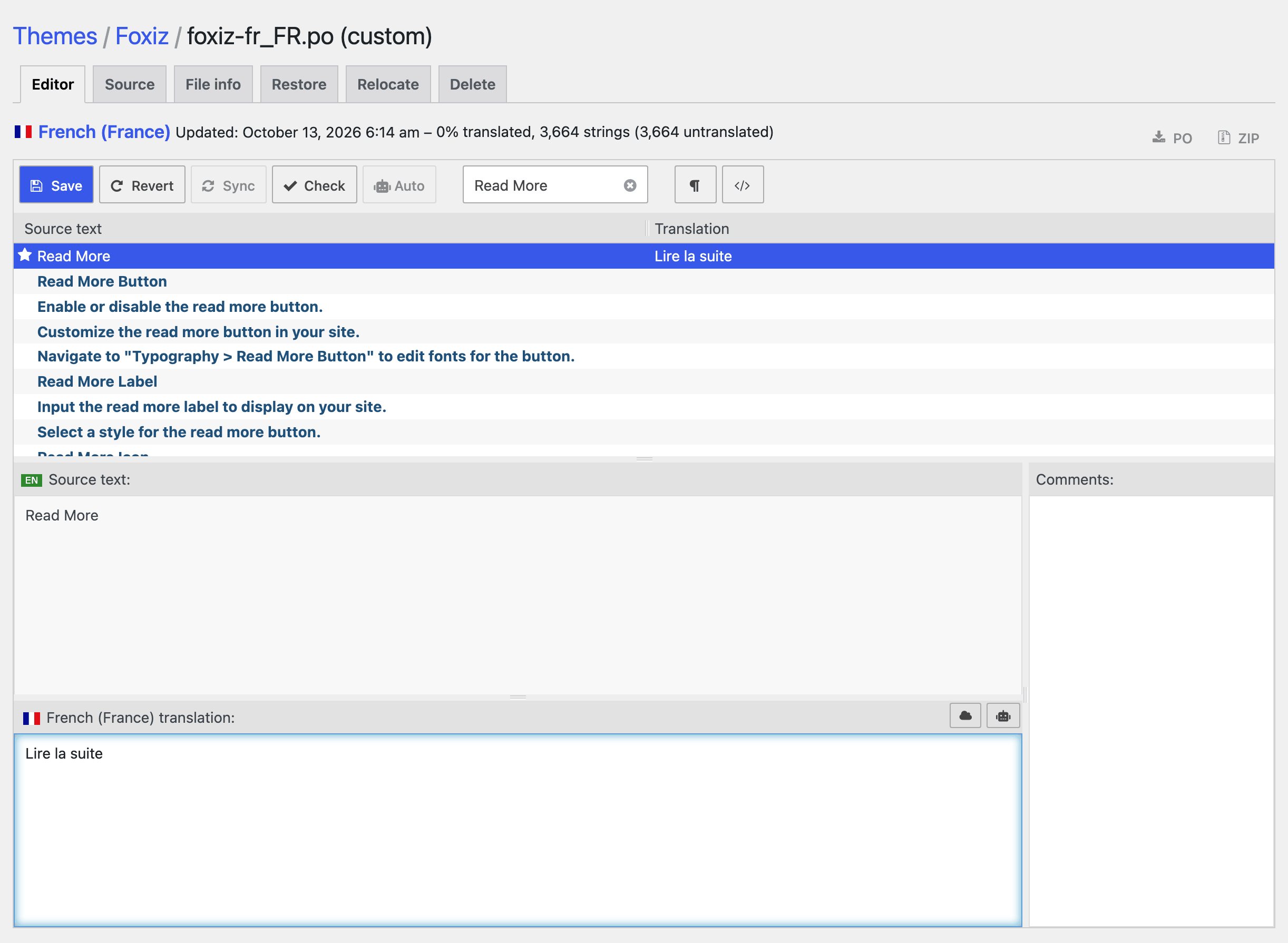 The Loco Translate editor for foxiz-fr_FR.po: Read More selected in the string list, Lire la suite typed into the French (France) translation pane, and Save enabled in the toolbar