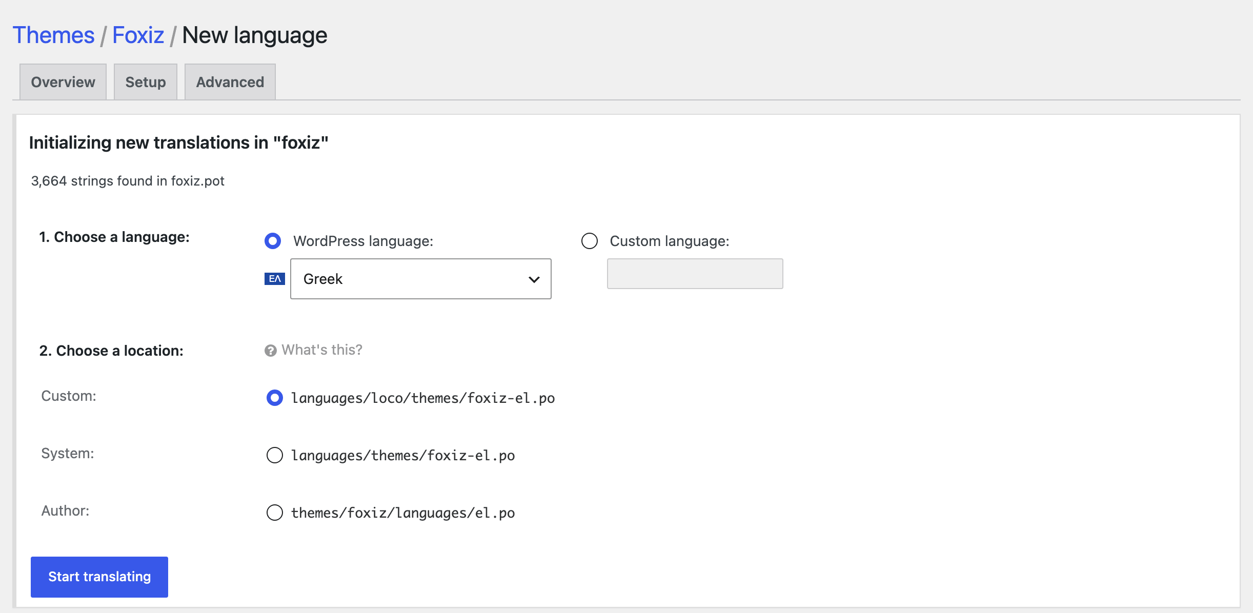 Loco Translate's New language screen for Foxiz: Greek chosen under 1. Choose a language, and the Custom, System and Author locations under 2. Choose a location