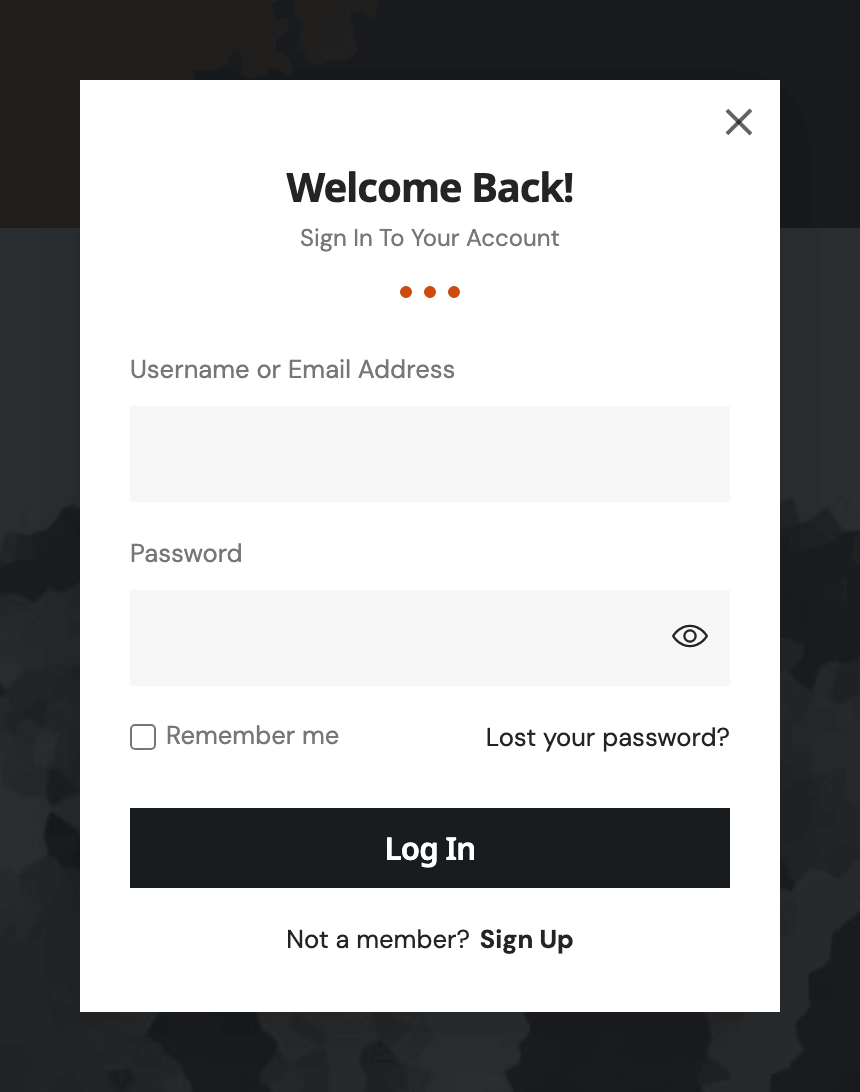 The popup login form a signed out reader sees: Welcome Back!, Sign in to your account, the username and password fields, Remember me, Lost your password?, the Log In button and a Sign Up link