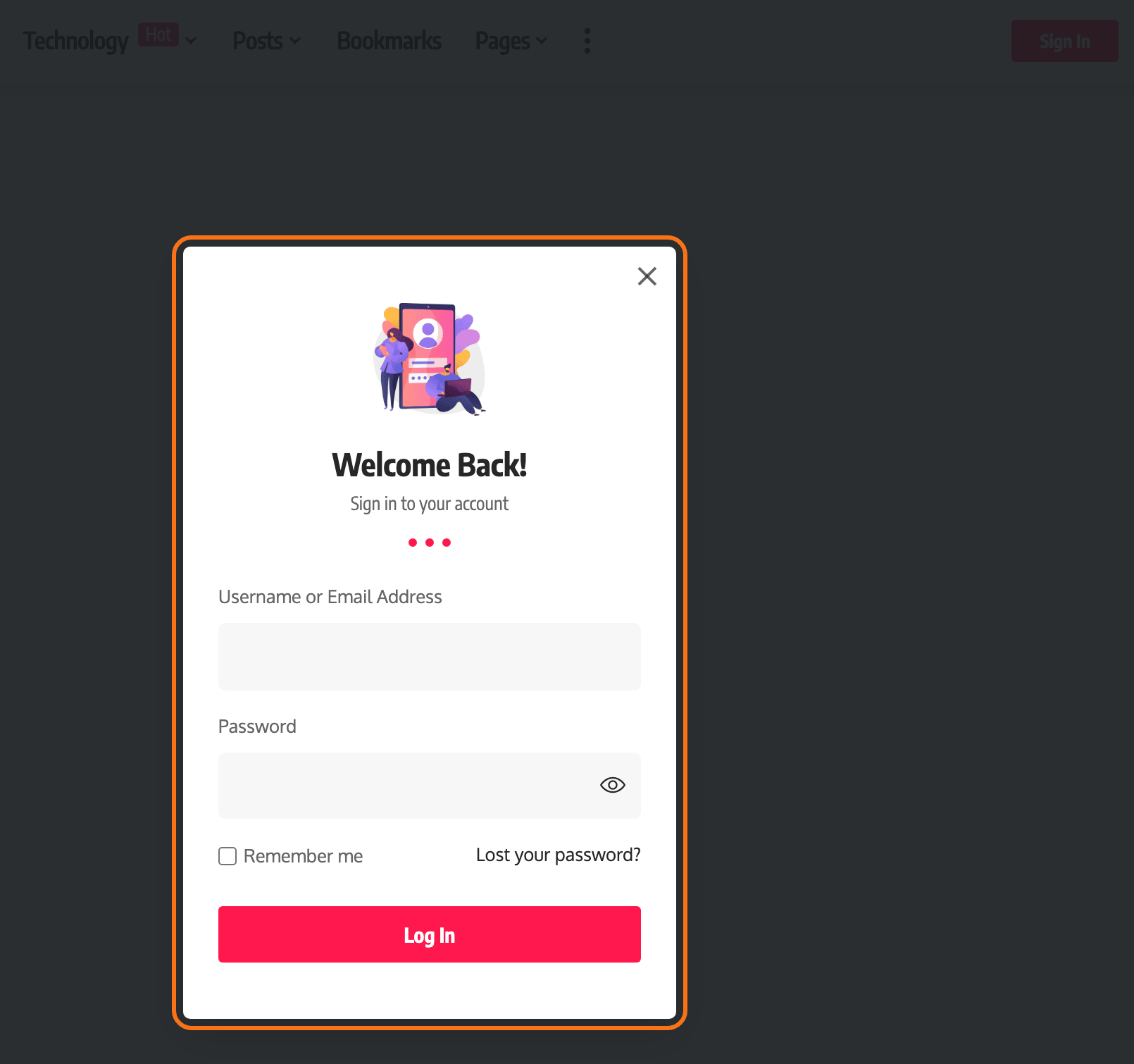The Default demo after a click on the Sign In button in the header: the sign in popup over the darkened page, outlined in orange, with Welcome Back!, Sign in to your account, the username and password fields, Remember me, Lost your password? and the Log In button