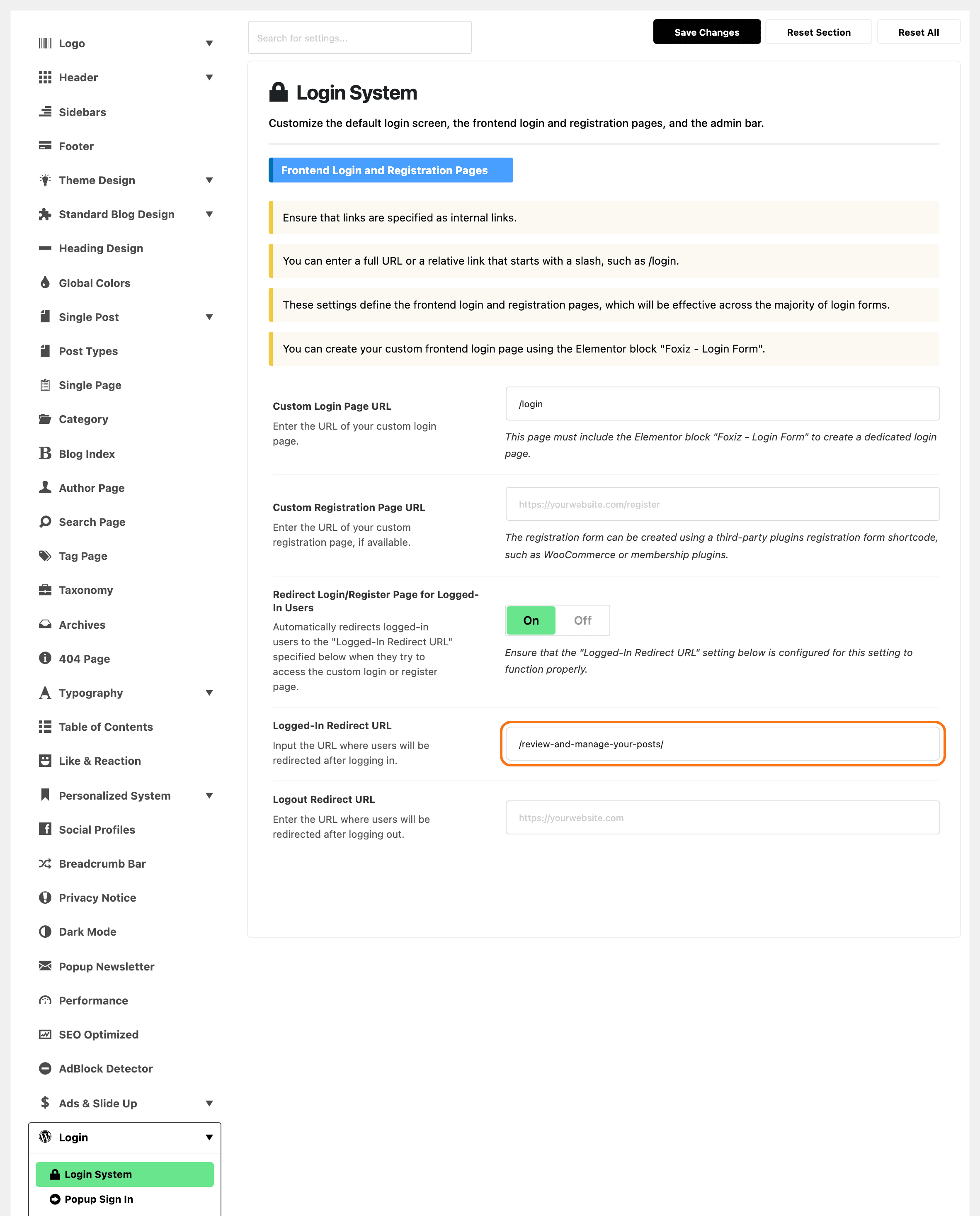 Theme Options with Login > Login System highlighted, beside the Frontend Login and Registration Pages group: Custom Login Page URL /login, Redirect Login/Register Page for Logged-In Users on, and Logged-In Redirect URL /review-and-manage-your-posts/, the post list page, outlined