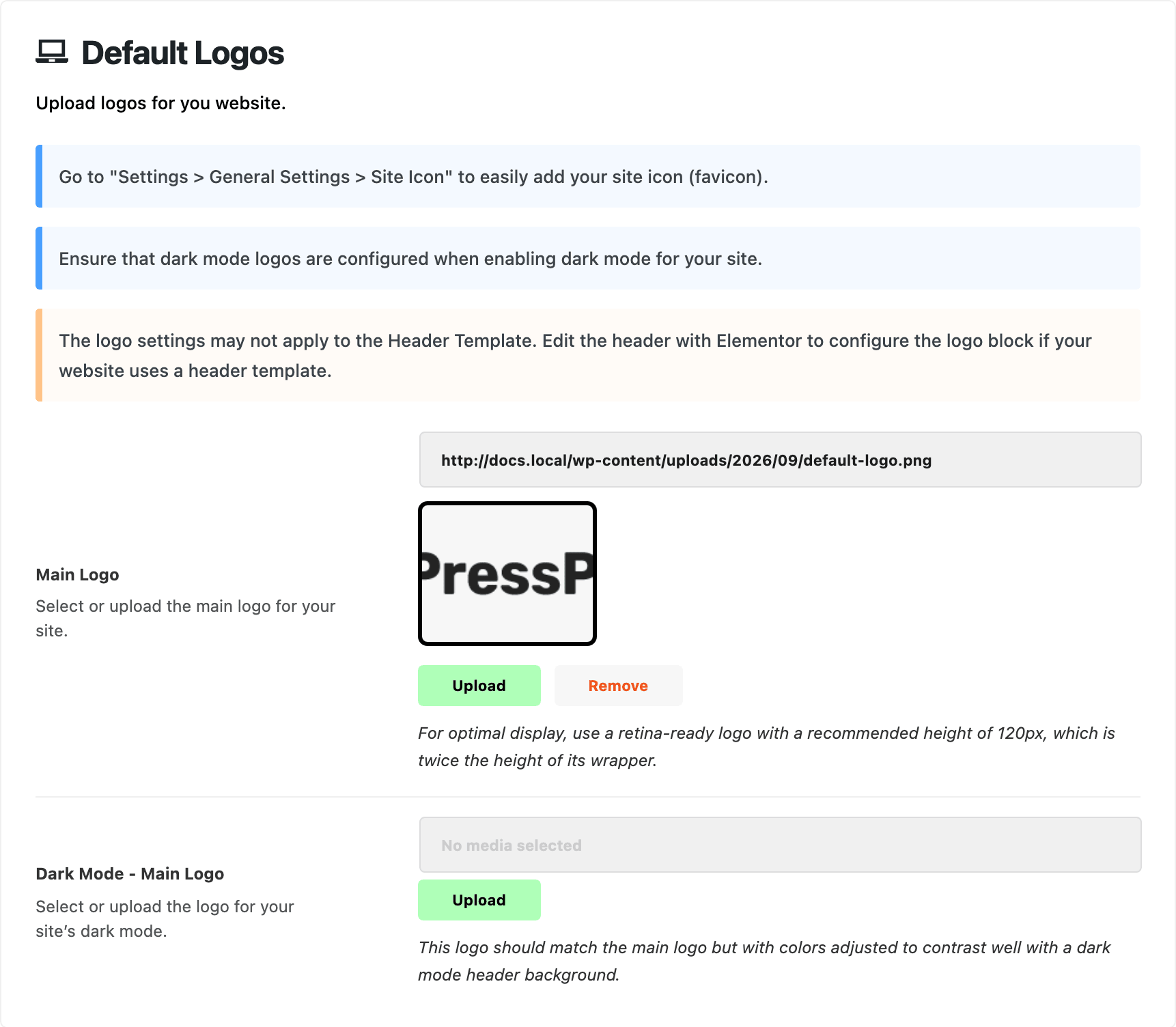 Theme Options > Logo > Default Logos, with Main Logo above Dark Mode - Main Logo