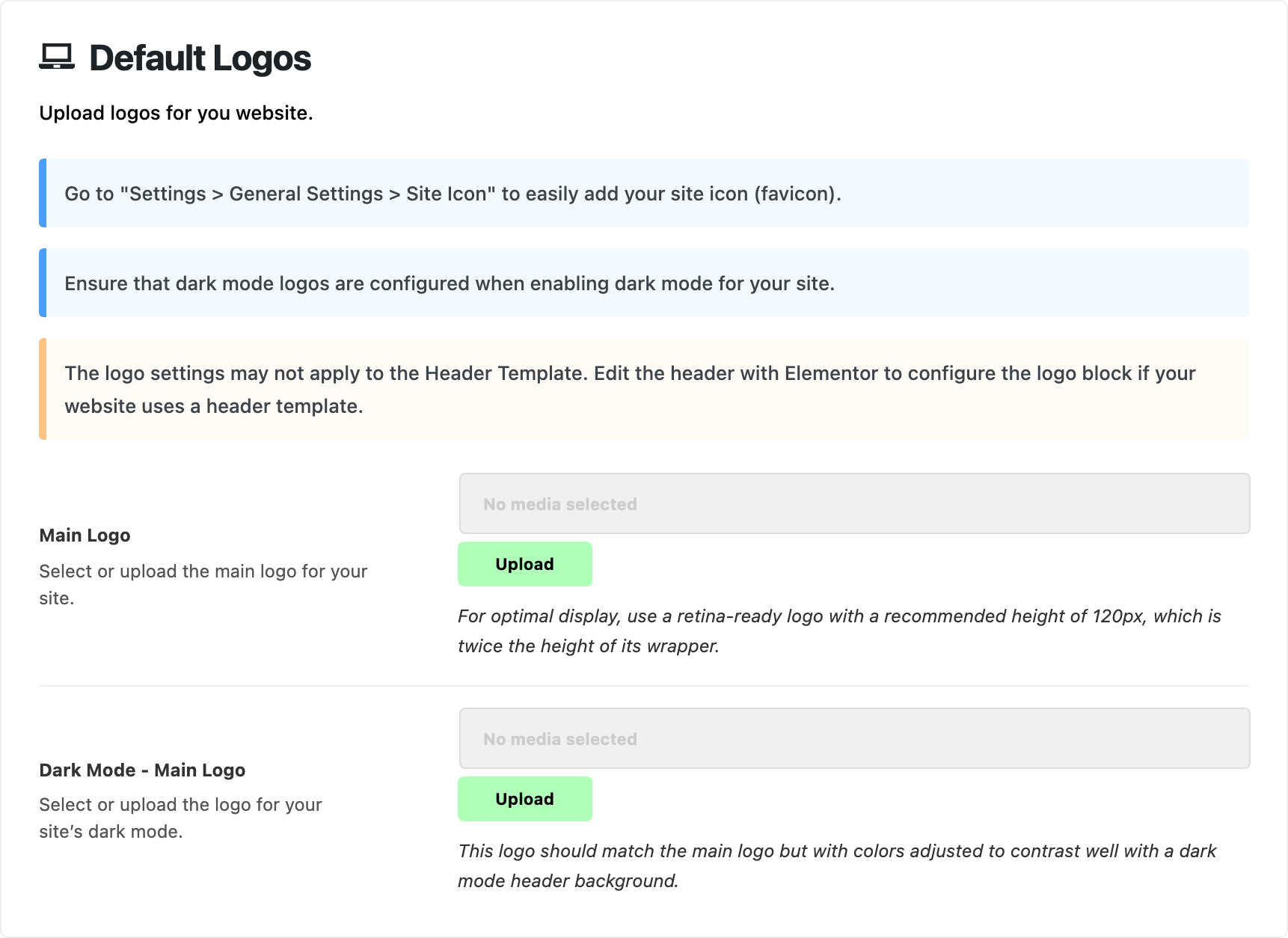 Theme Options > Logo > Default Logos: three notes (site icon, dark mode logos, header template), then Main Logo and Dark Mode - Main Logo, both with no media selected