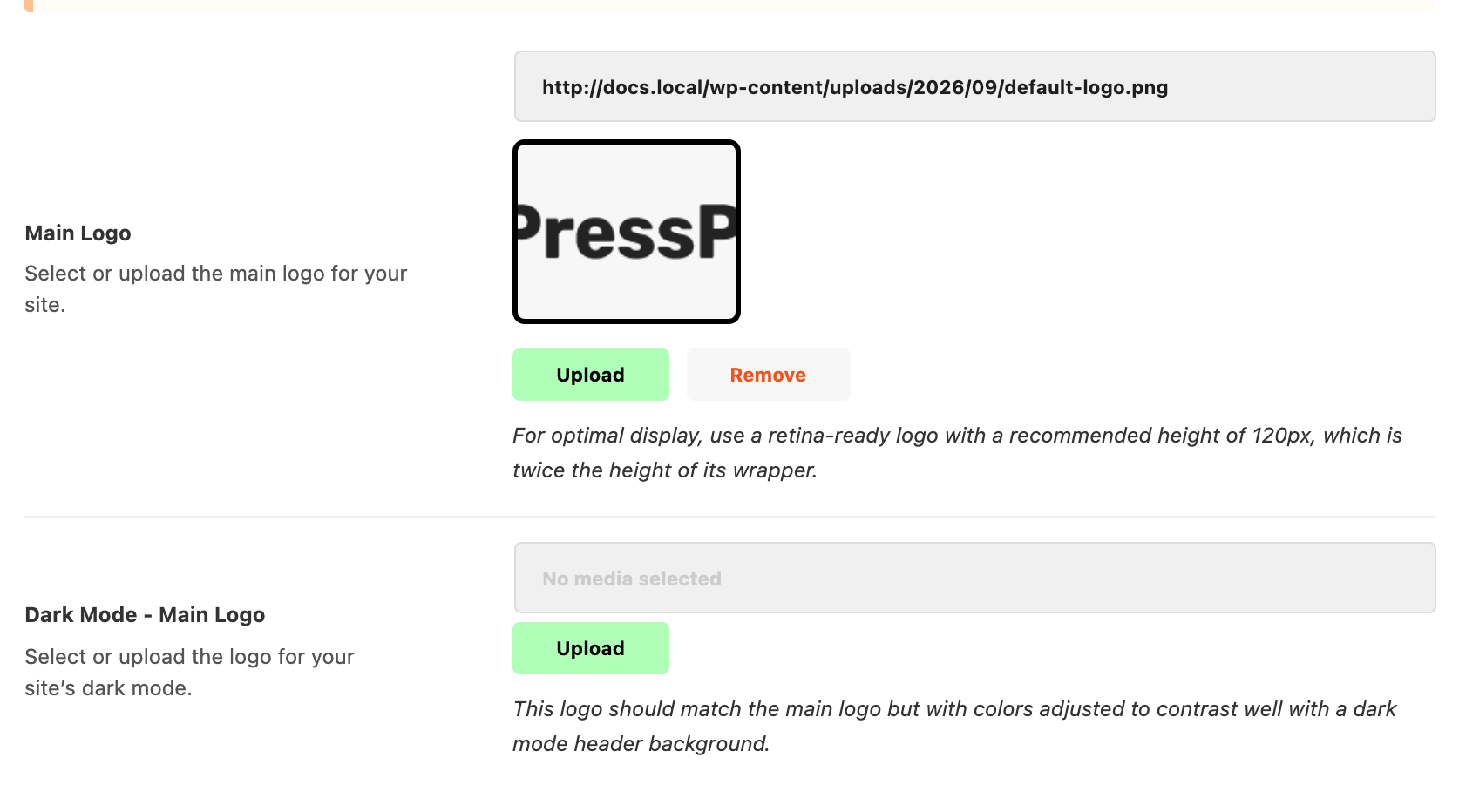 Theme Options > Logo > Default Logos, showing Main Logo and Dark Mode - Main Logo