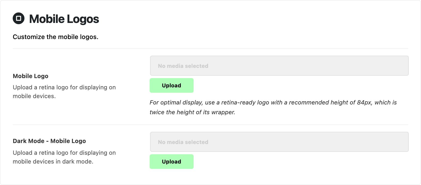 Theme Options > Logo > Mobile Logos, with the Mobile Logo and Dark Mode - Mobile Logo upload fields