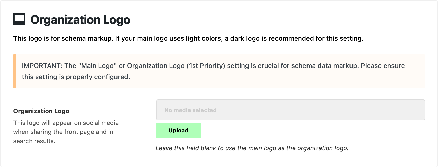 Theme Options > Logo > Organization Logo: the schema markup note, then Organization Logo with no media selected