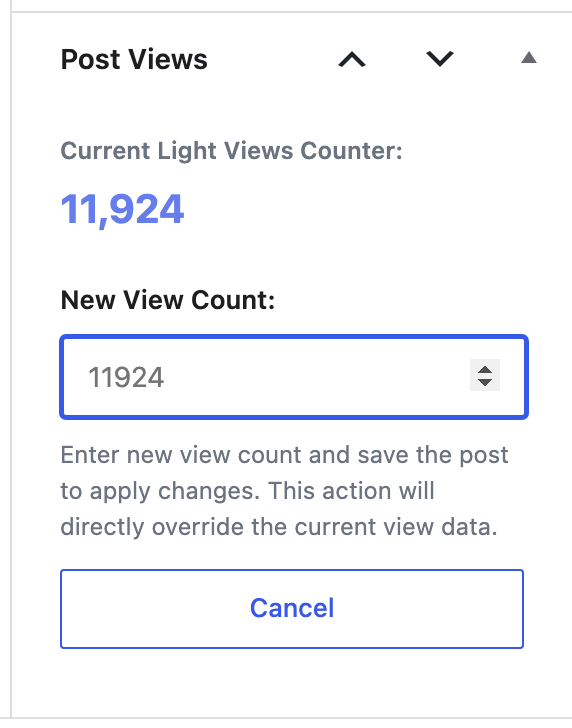The Post Views box in the post editor sidebar after clicking Change View Count, showing the current count and the New View Count field