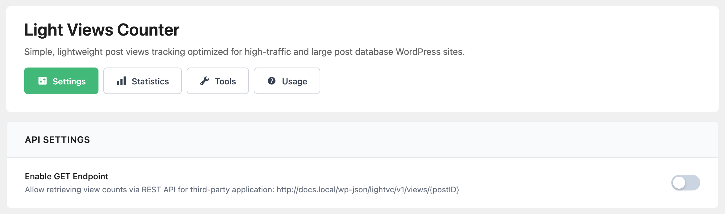 Light Views Counter with the Settings tab open, API Settings: Enable GET Endpoint, off