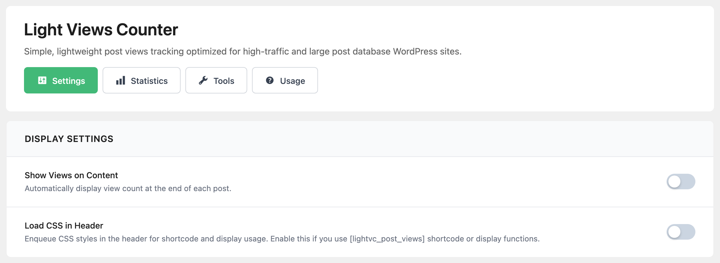 Light Views Counter with the Settings tab open, Display Settings: Show Views on Content and Load CSS in Header, both off