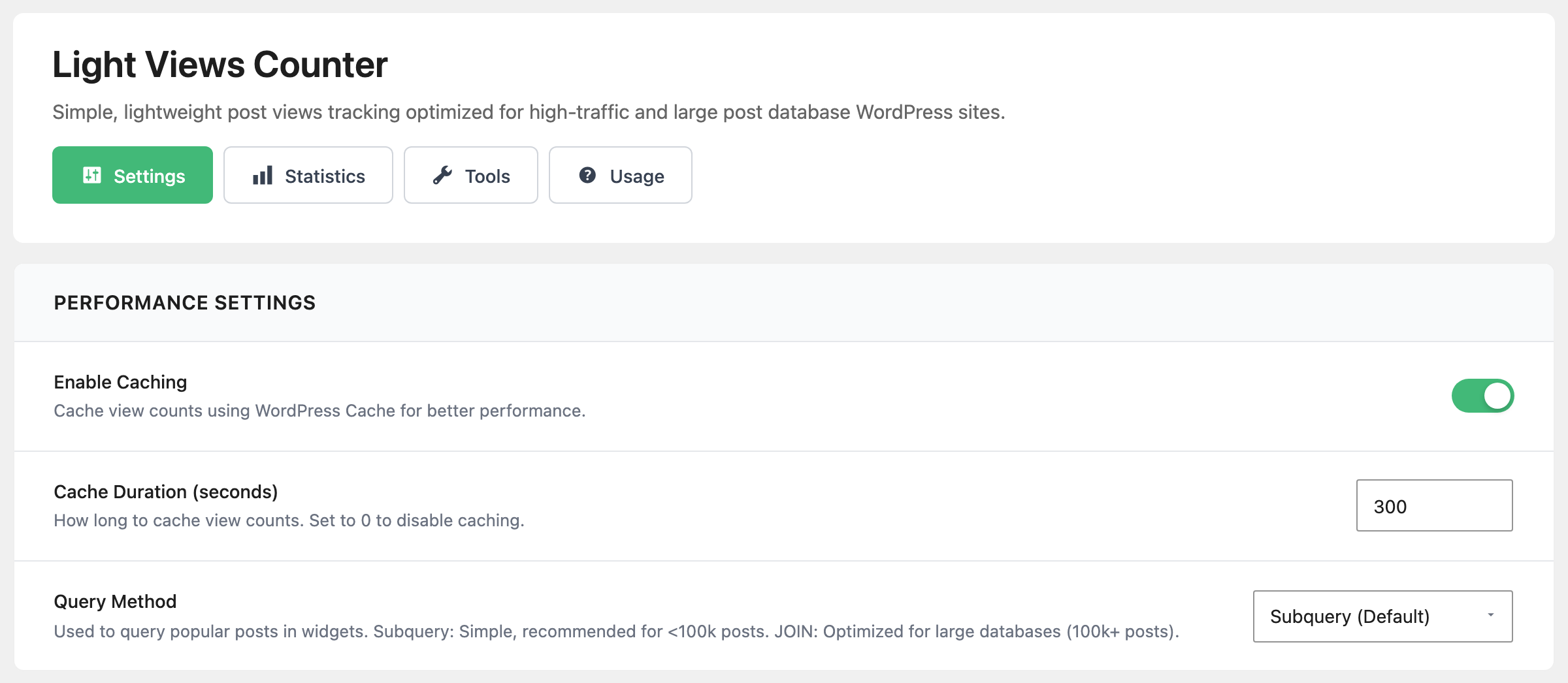 Light Views Counter with the Settings tab open, Performance Settings: Enable Caching on, Cache Duration (seconds) 300, Query Method on Subquery (Default)