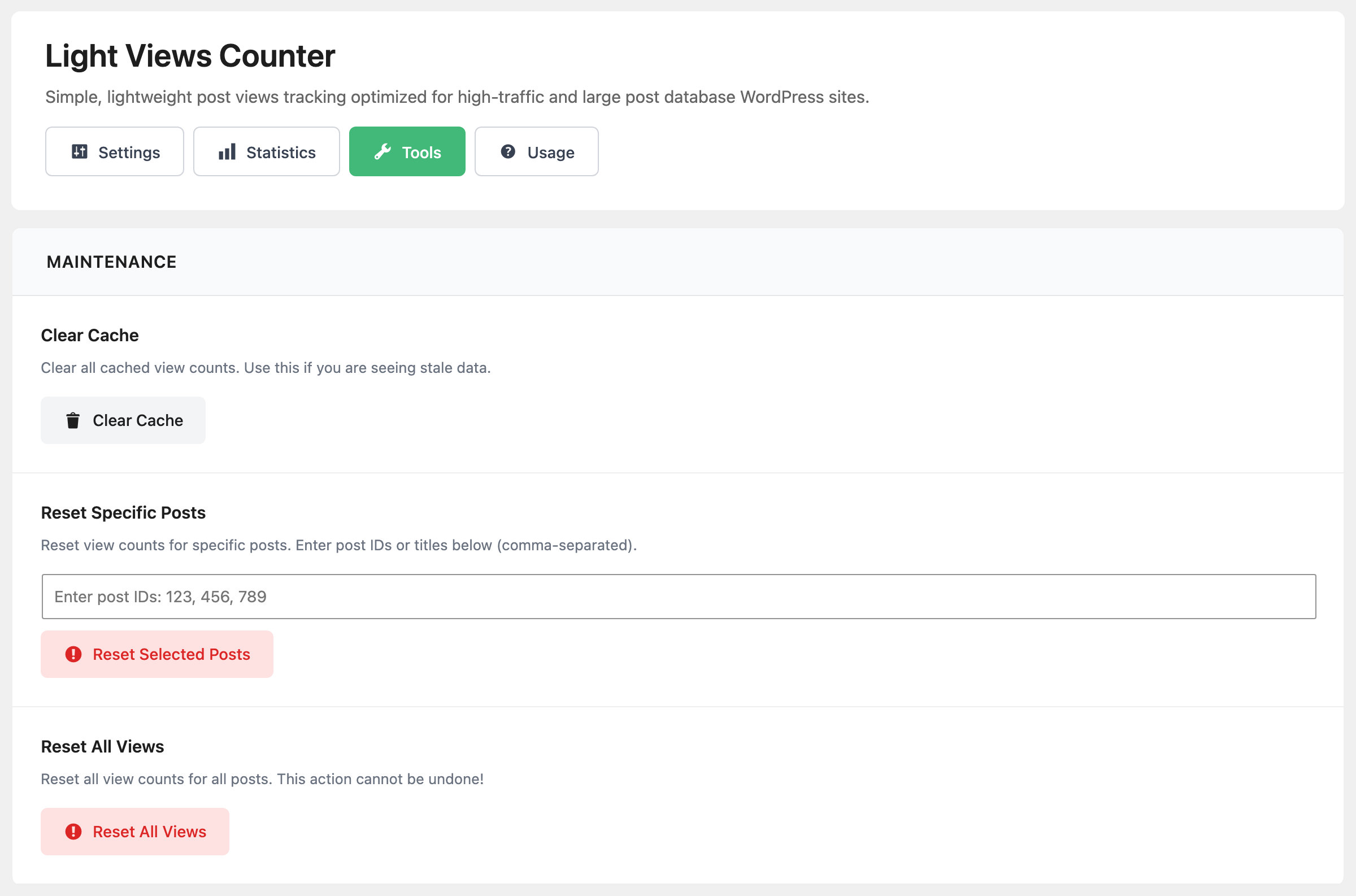 Light Views Counter with the Tools tab open, Maintenance: Clear Cache, Reset Specific Posts with its post ID box and Reset Selected Posts, and Reset All Views