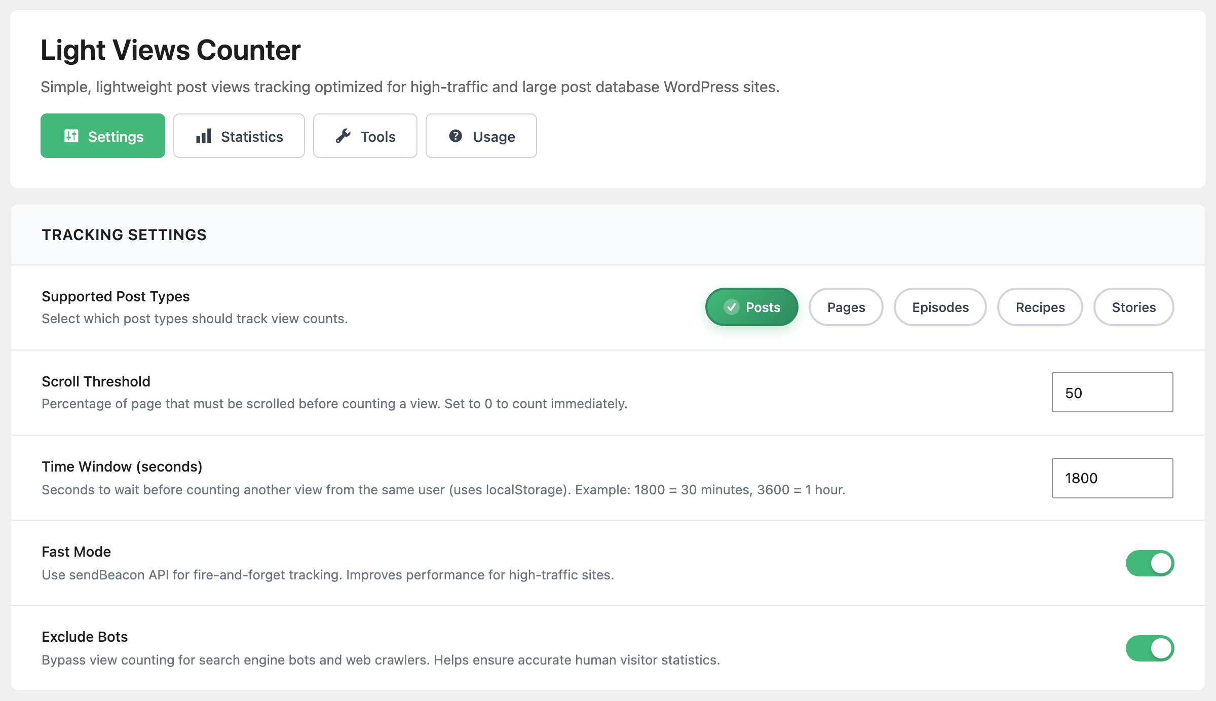 Light Views Counter with the Settings tab open, Tracking Settings: Supported Post Types with Posts selected, Scroll Threshold 50, Time Window (seconds) 1800, Fast Mode and Exclude Bots switched on