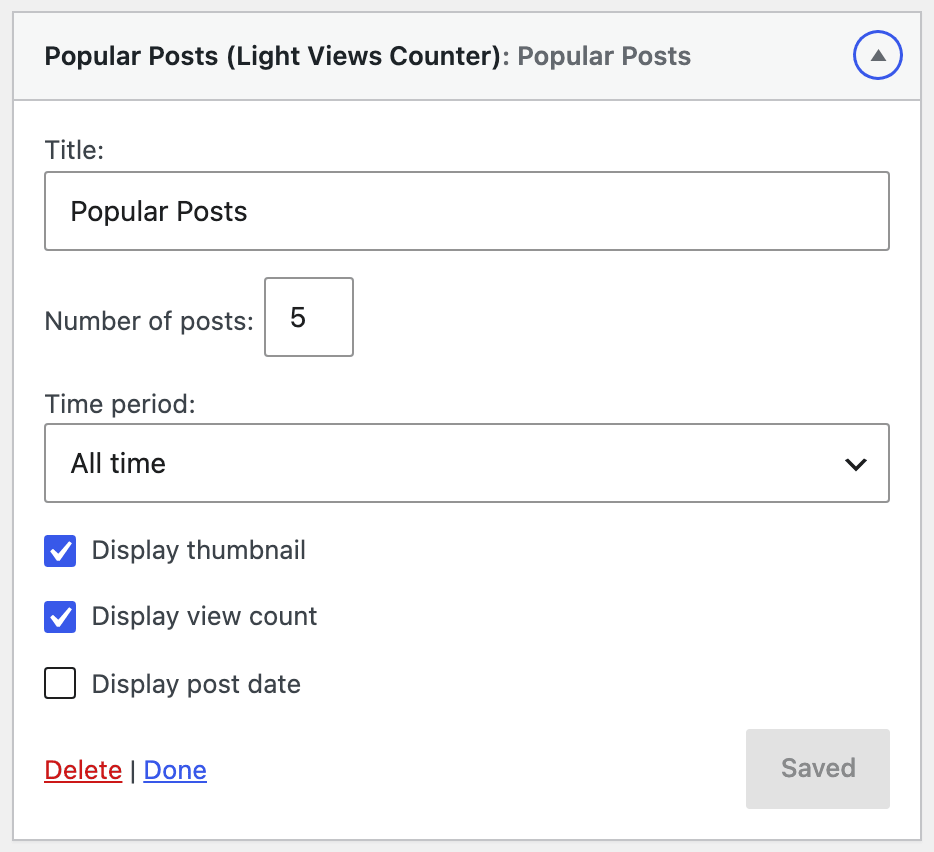 The Popular Posts (Light Views Counter) widget form: Title, Number of posts, Time period, and the Display thumbnail, Display view count and Display post date checkboxes