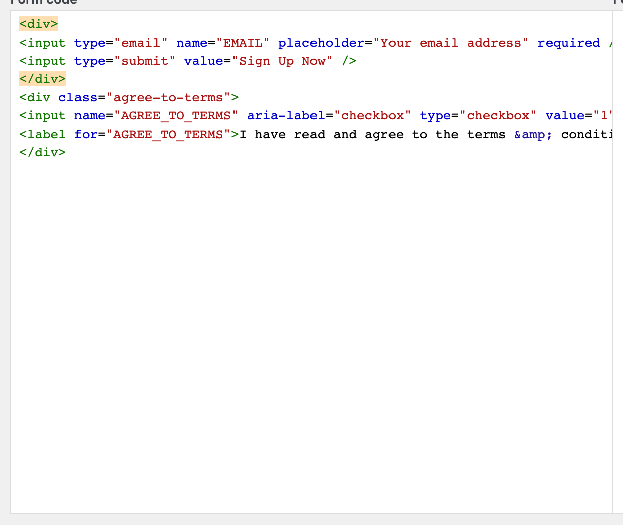 The MC4WP form code editor with the markup Foxiz expects
