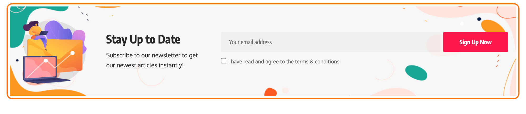 A Mailchimp form styled by Foxiz on the Default demo: the email field and the Sign Up button in one bar with the terms checkbox below, outlined in orange