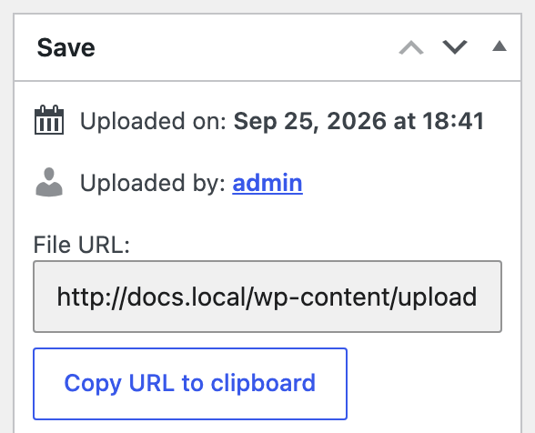 The Save box on an attachment's edit screen, with the File URL field and its Copy URL to clipboard button