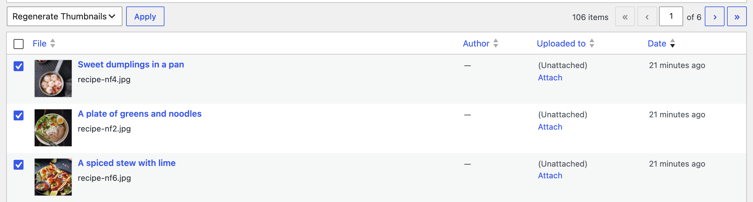 Media > Library in list view with images ticked and Regenerate Thumbnails chosen in Bulk actions