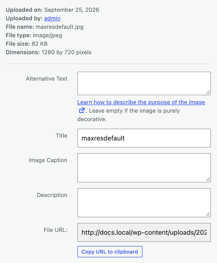 The Attachment Details box in the media library, with the File URL field and the Copy URL to clipboard button under it