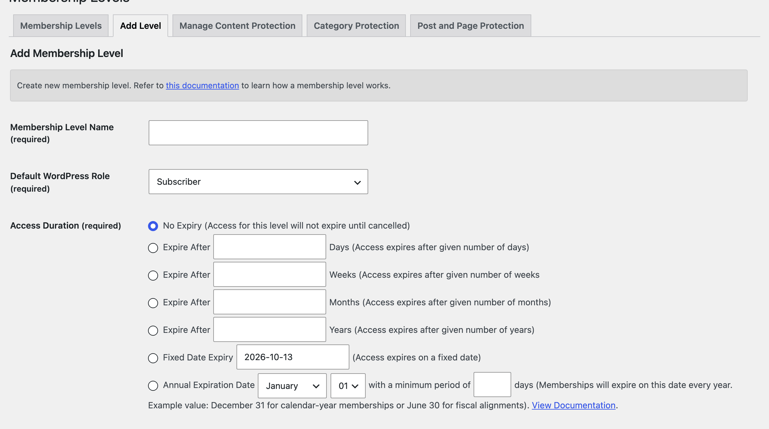 The Add Level tab with Membership Level Name and Access Duration