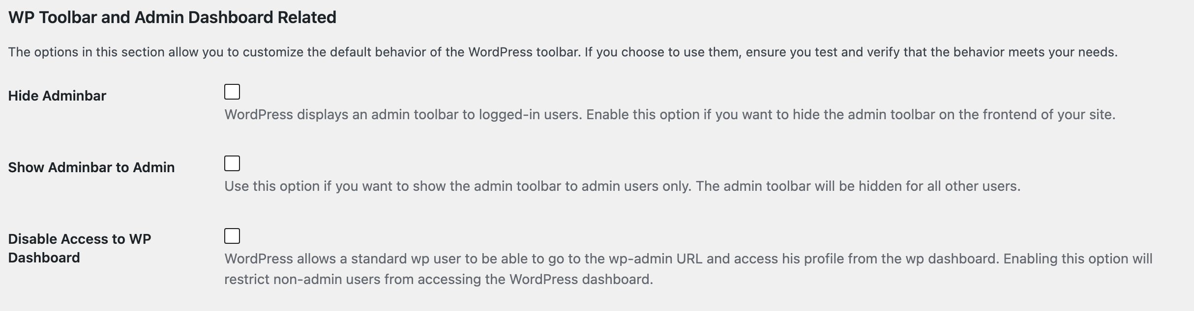 The WP Toolbar and Admin Dashboard Related section of WP Membership's Advanced Settings: Hide Adminbar, Show Adminbar to Admin and Disable Access to WP Dashboard, all unchecked