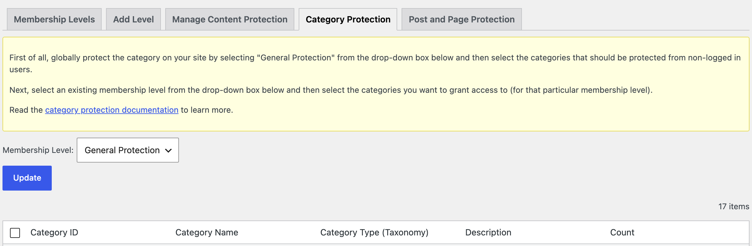 The Category Protection tab of WP Membership > Membership Levels, with Membership Level on General Protection above the category list