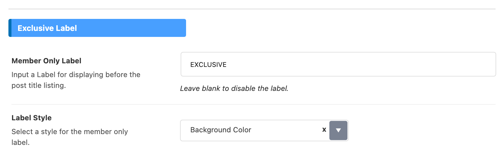 The Exclusive Label group of Theme Options > Membership: Member Only Label holding EXCLUSIVE and Label Style on Background Color