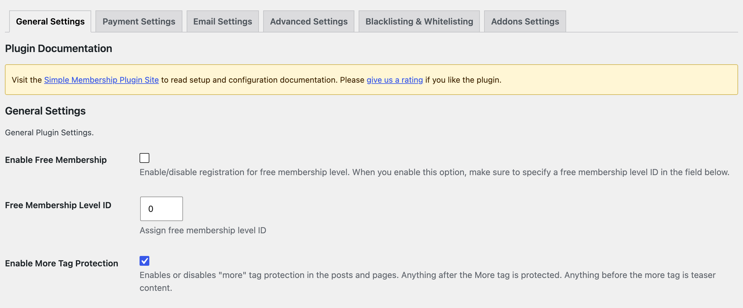 The General Settings tab of WP Membership with Enable More Tag Protection ticked.