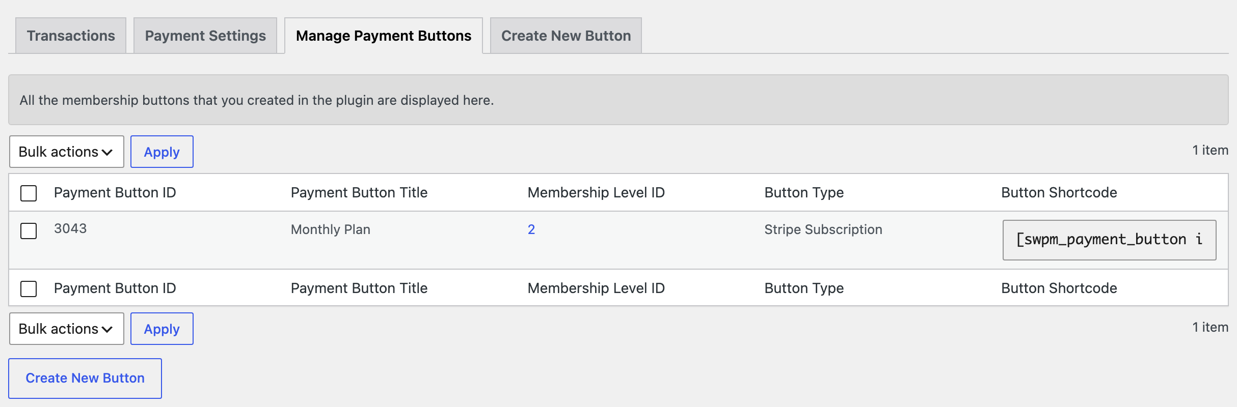 The Manage Payment Buttons tab listing one Stripe Subscription button, its shortcode in the Button Shortcode column.