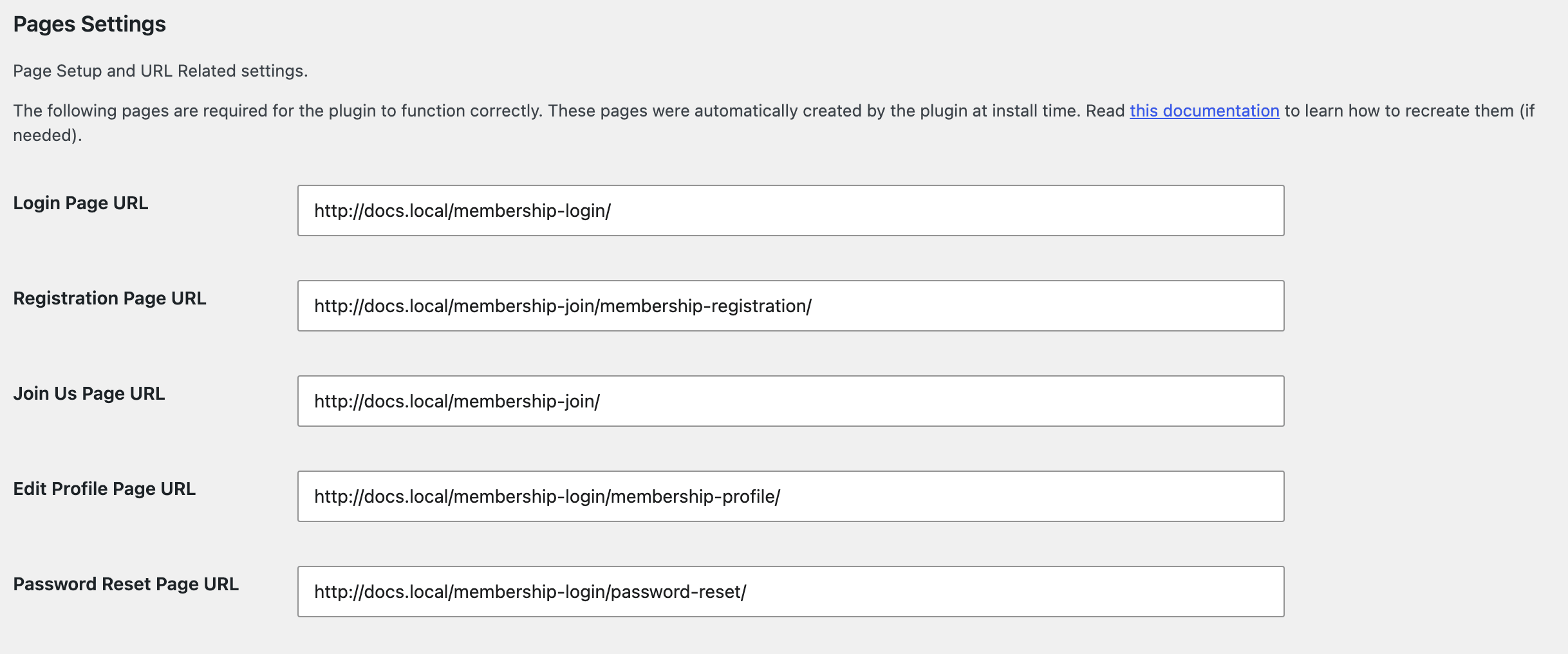 The Pages Settings group, listing the URL of each page the plugin requires